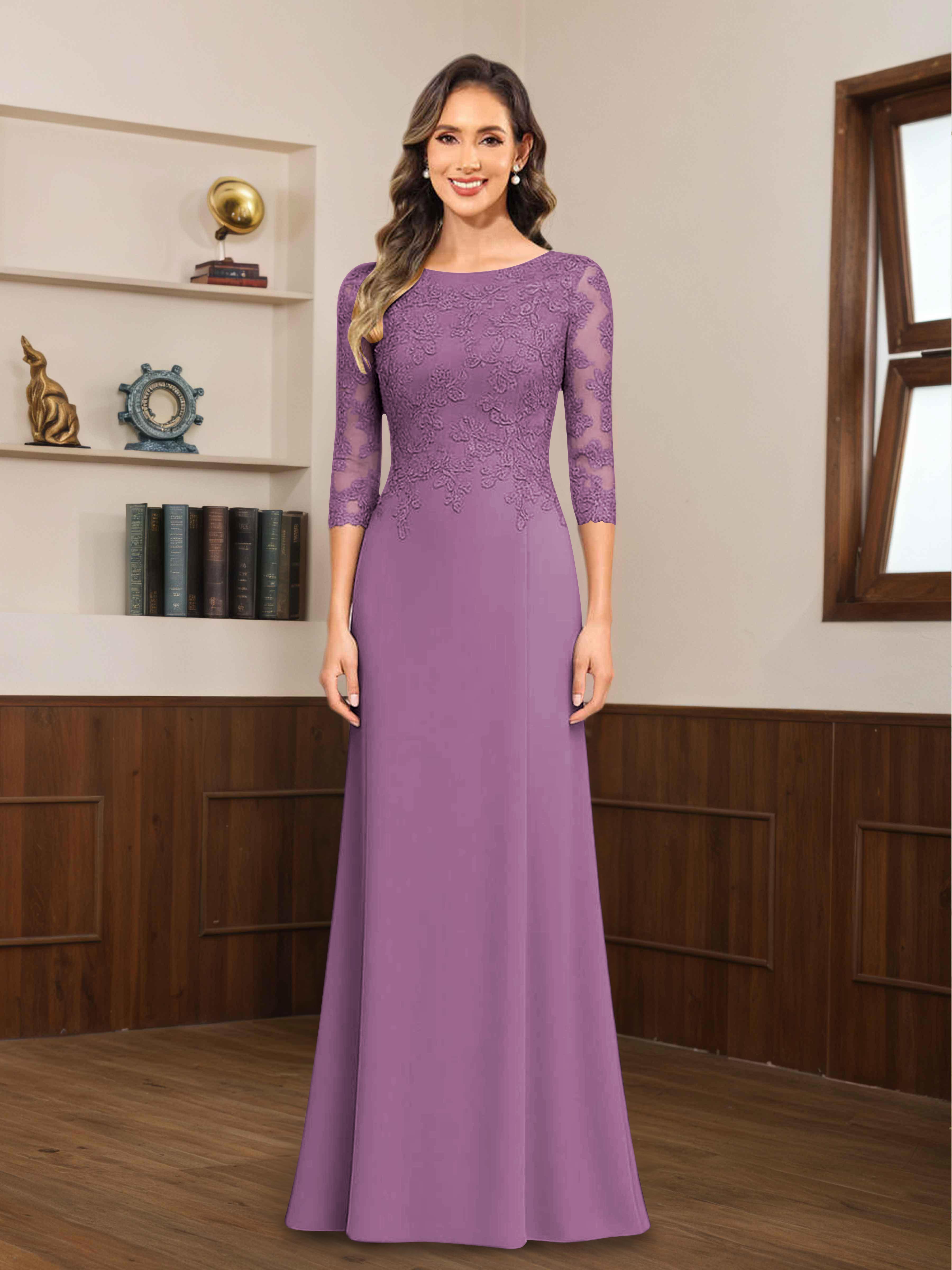 Mireya Delicate Sheath 3/4 Sleeves Long Lace Chiffon Mother of The Bride Dresses