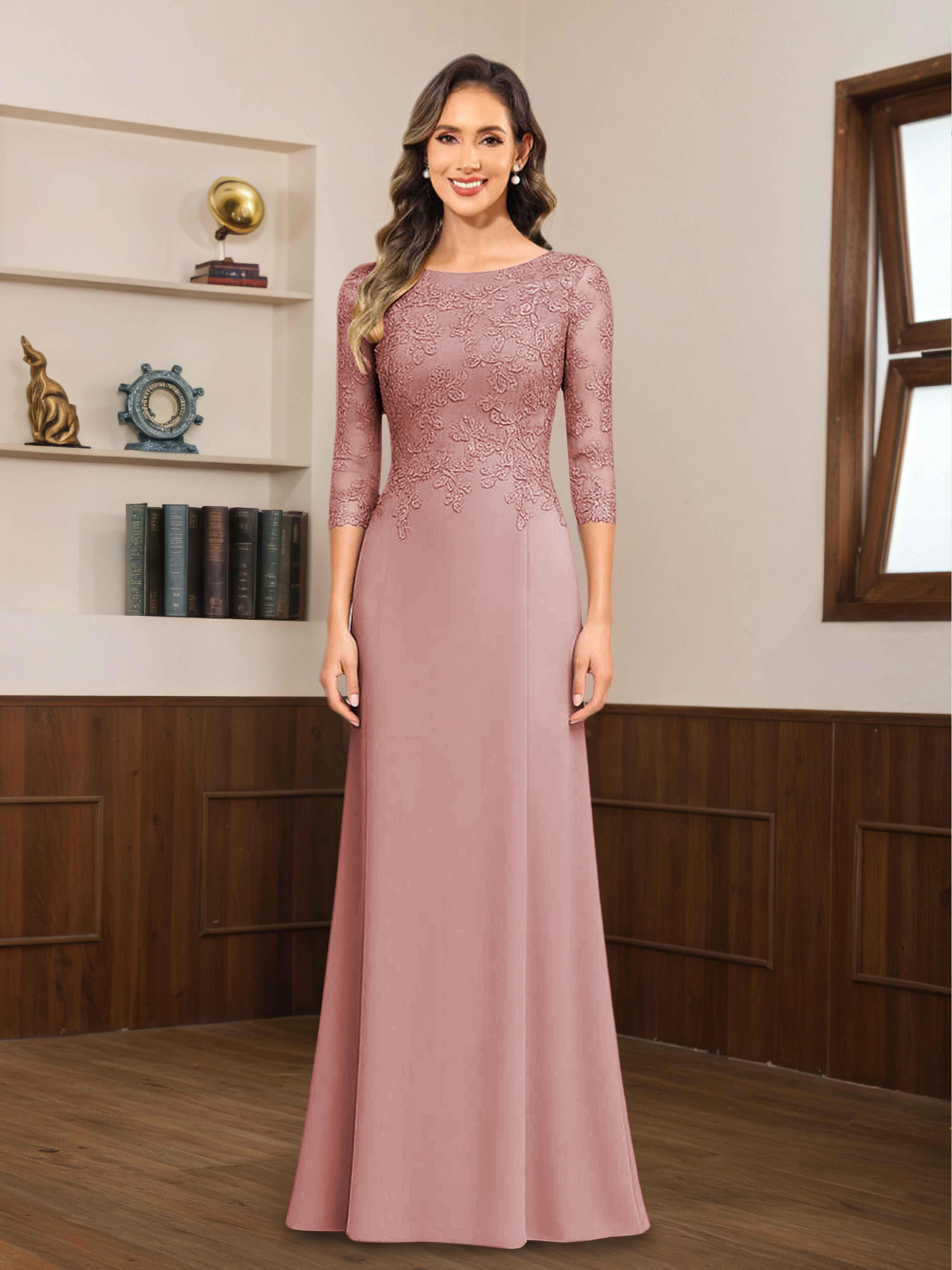 Mireya Delicate Sheath 3/4 Sleeves Long Lace Chiffon Mother of The Bride Dresses