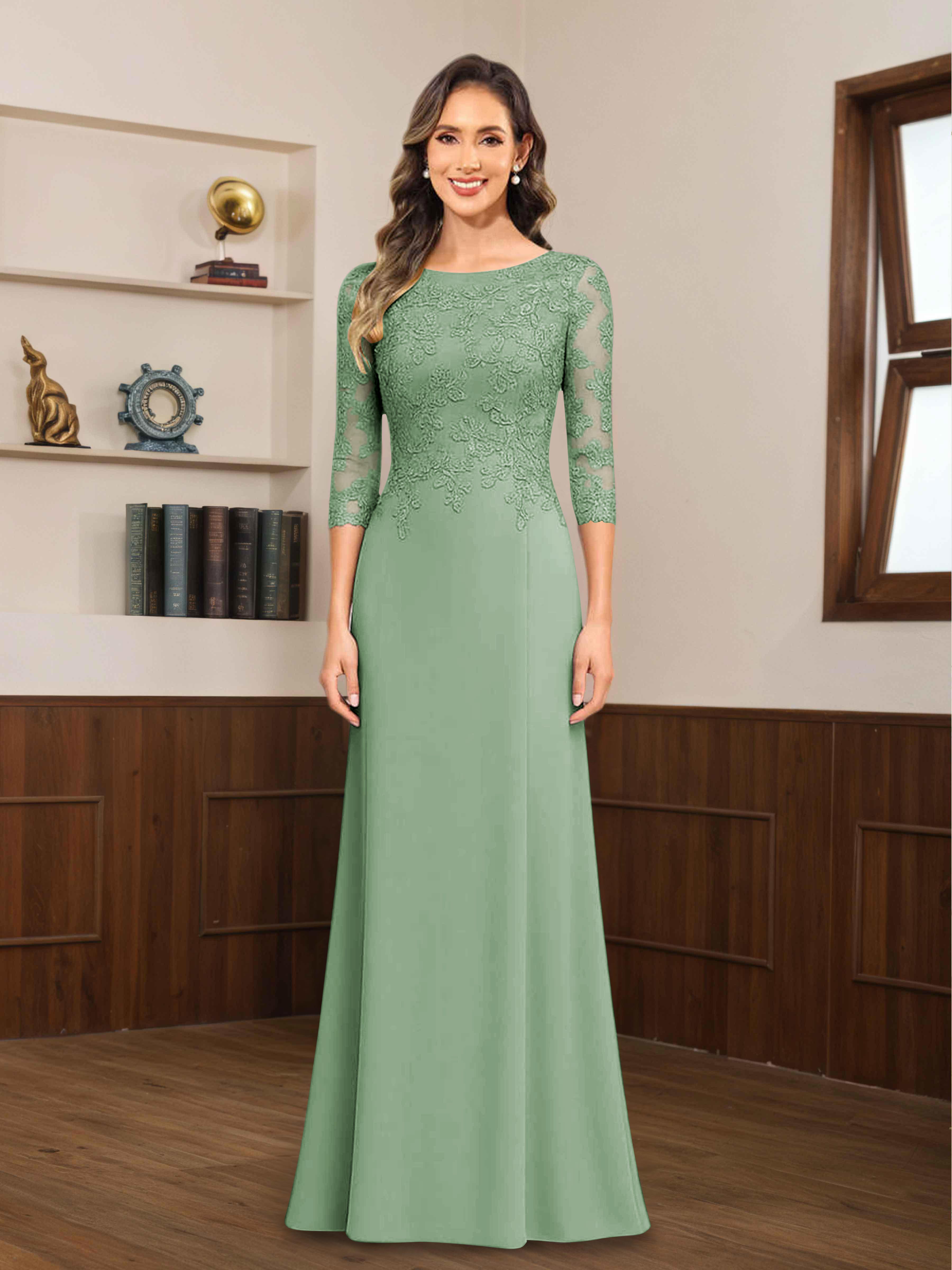 Mireya Delicate Sheath 3/4 Sleeves Long Lace Chiffon Mother of The Bride Dresses