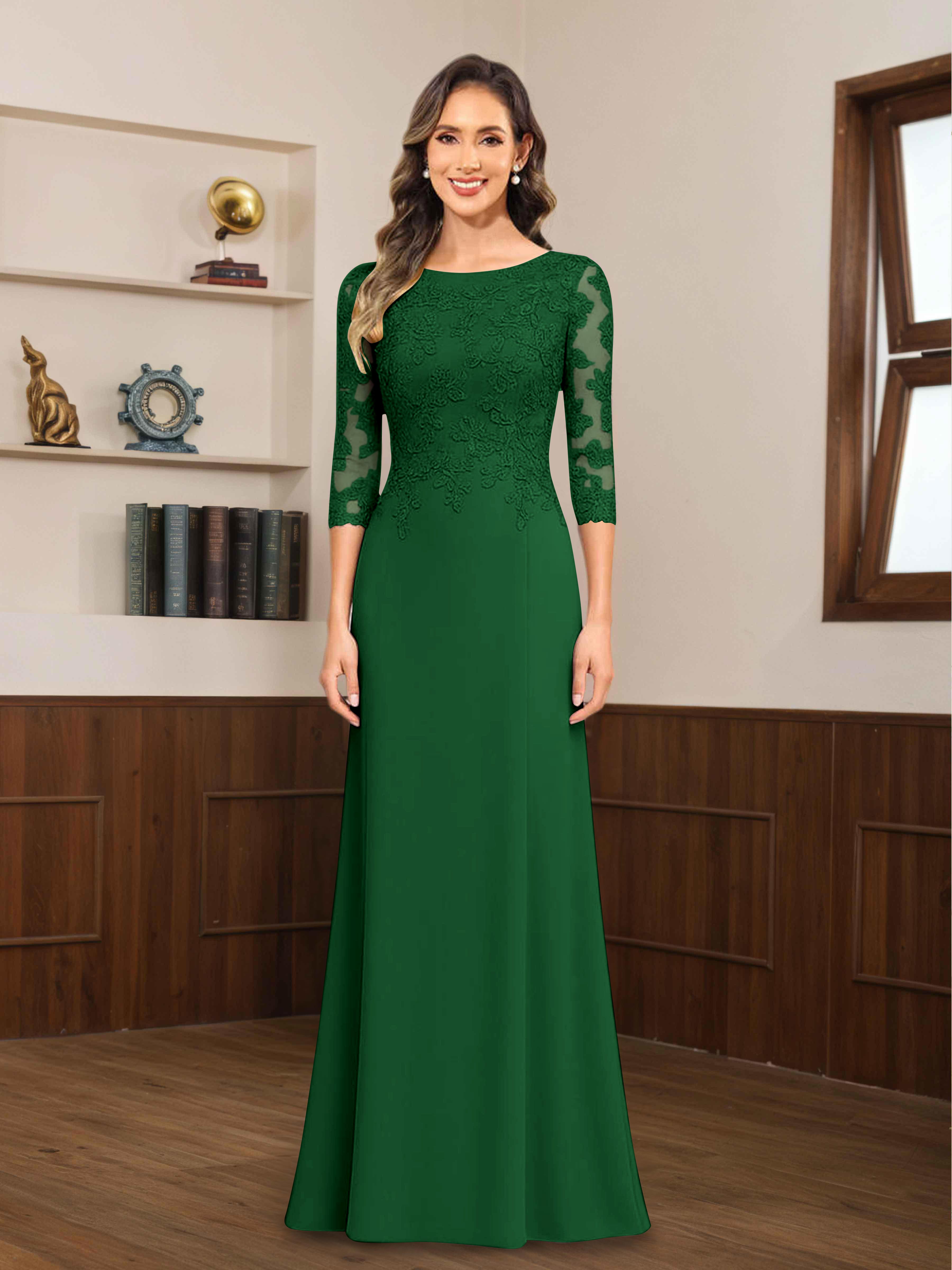 Mireya Delicate Sheath 3/4 Sleeves Long Lace Chiffon Mother of The Bride Dresses