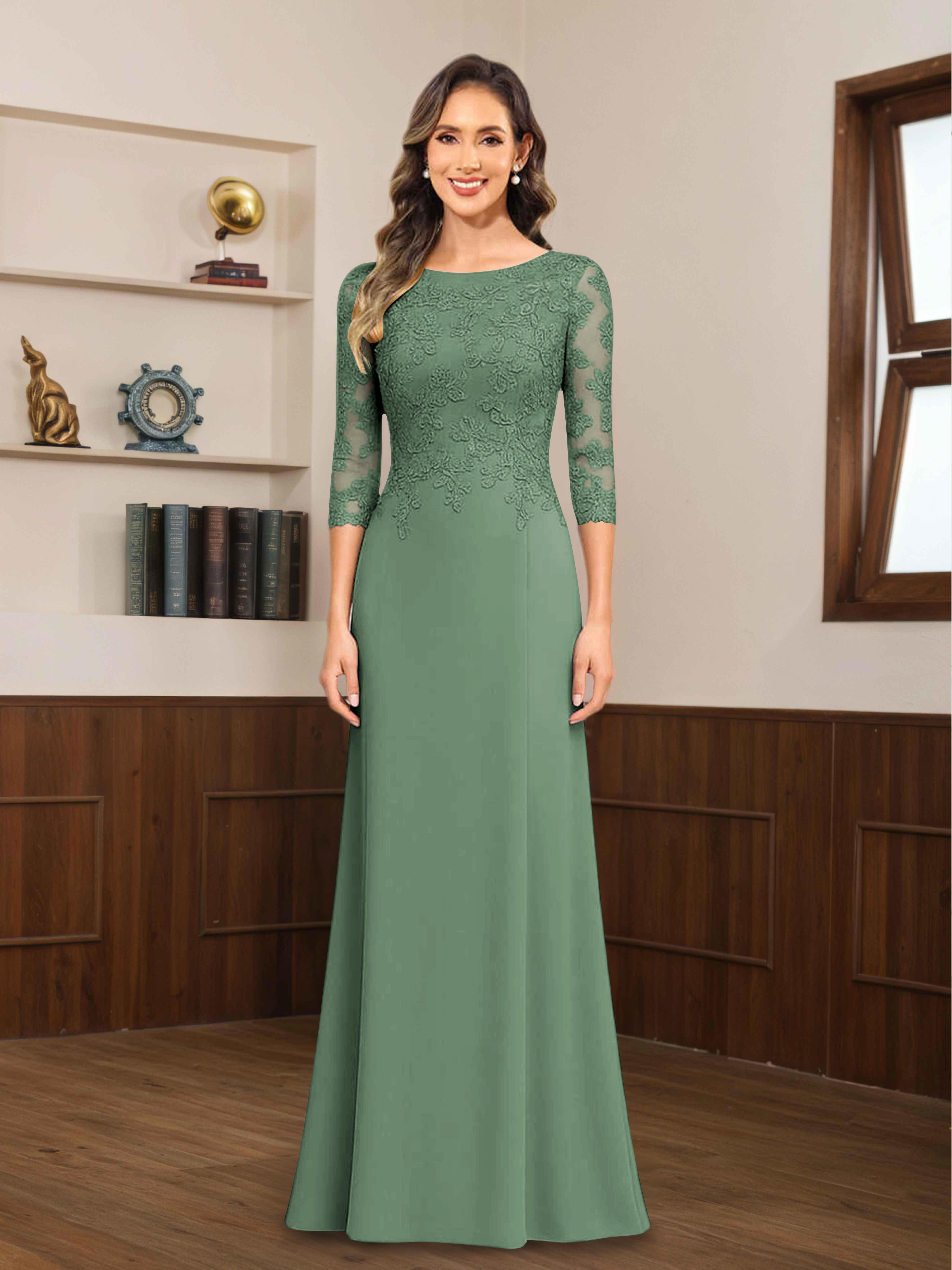 Mireya Delicate Sheath 3/4 Sleeves Long Lace Chiffon Mother of The Bride Dresses