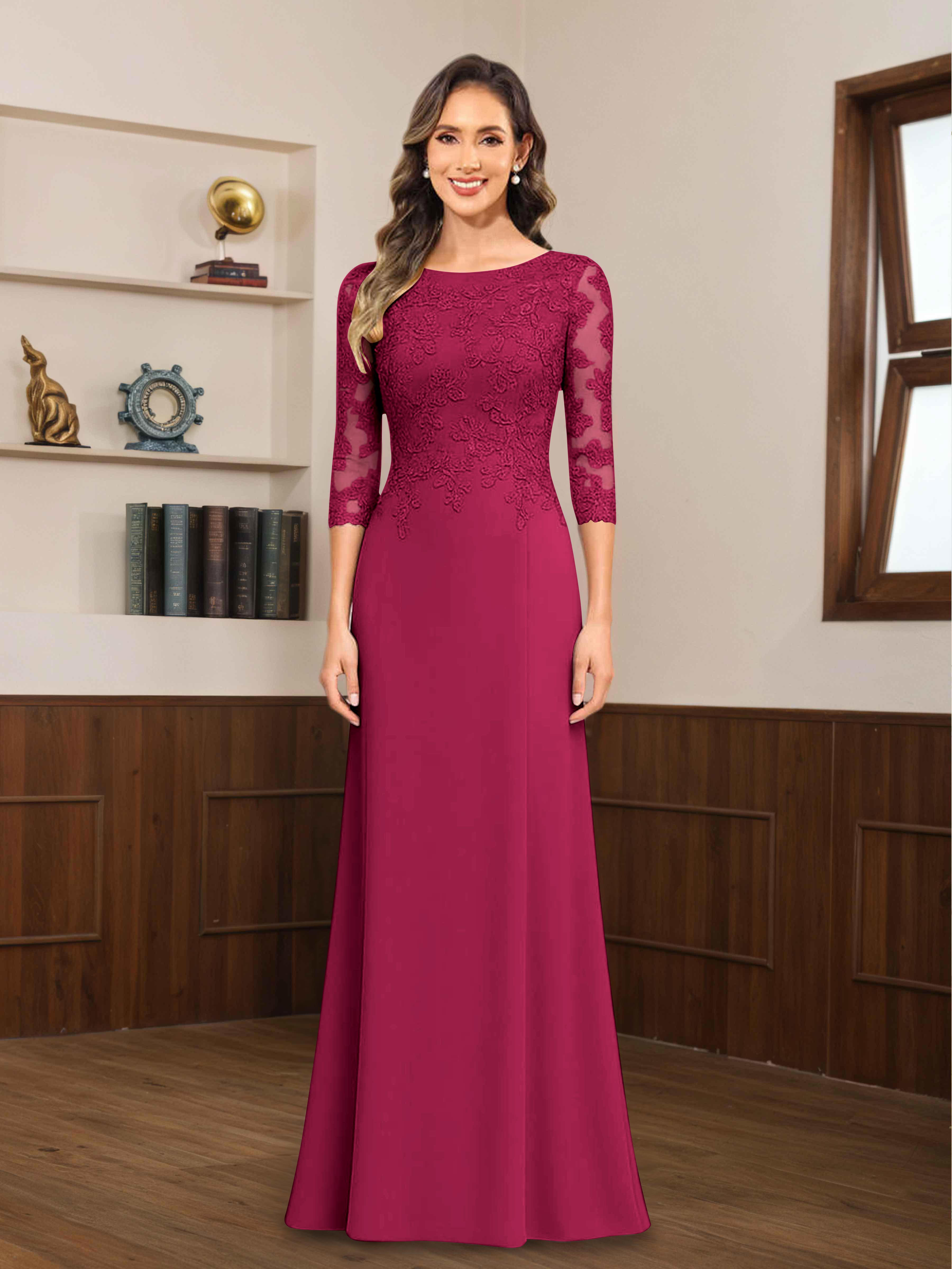 Mireya Delicate Sheath 3/4 Sleeves Long Lace Chiffon Mother of The Bride Dresses