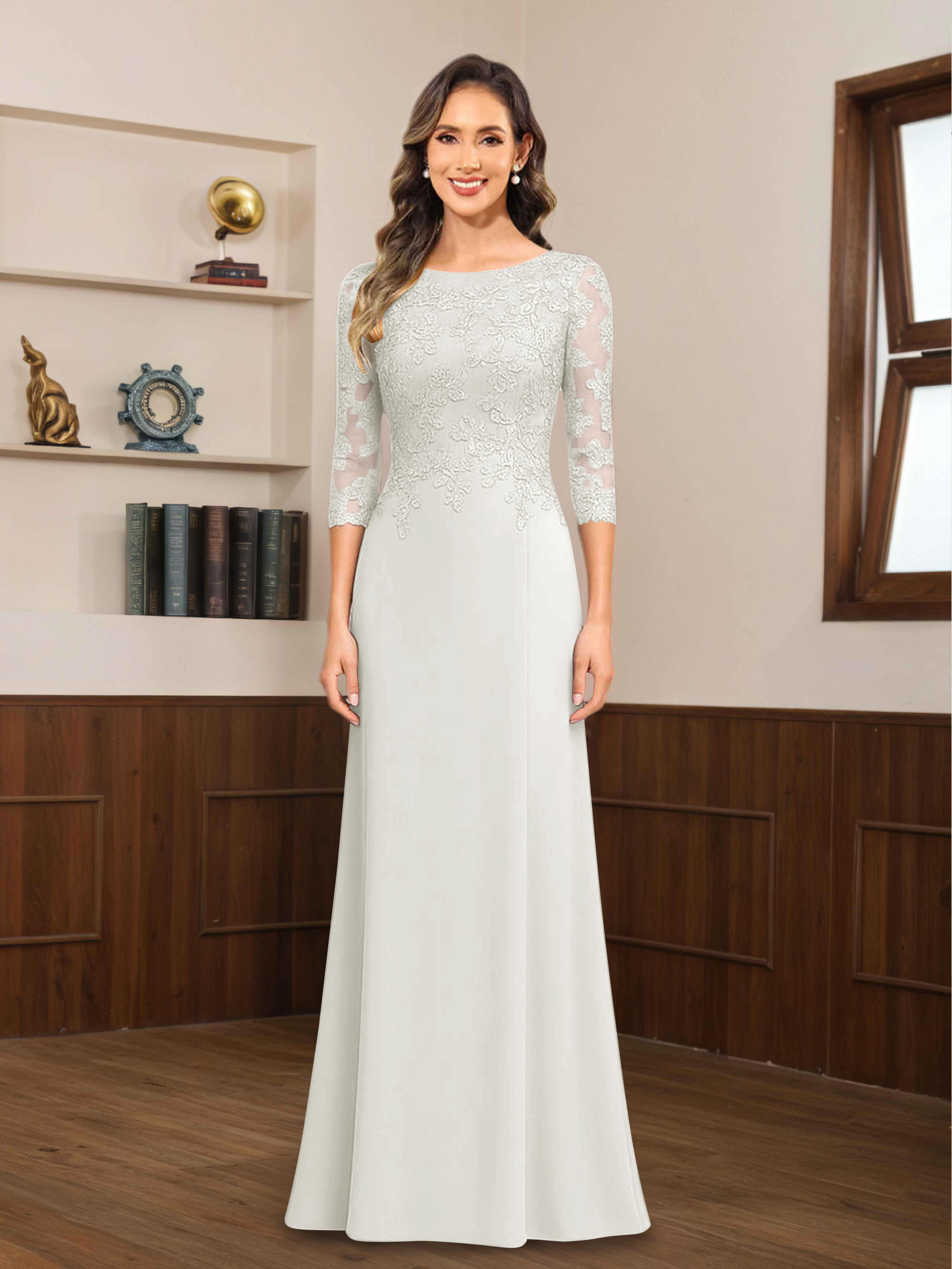 Mireya Delicate Sheath 3/4 Sleeves Long Lace Chiffon Mother of The Bride Dresses