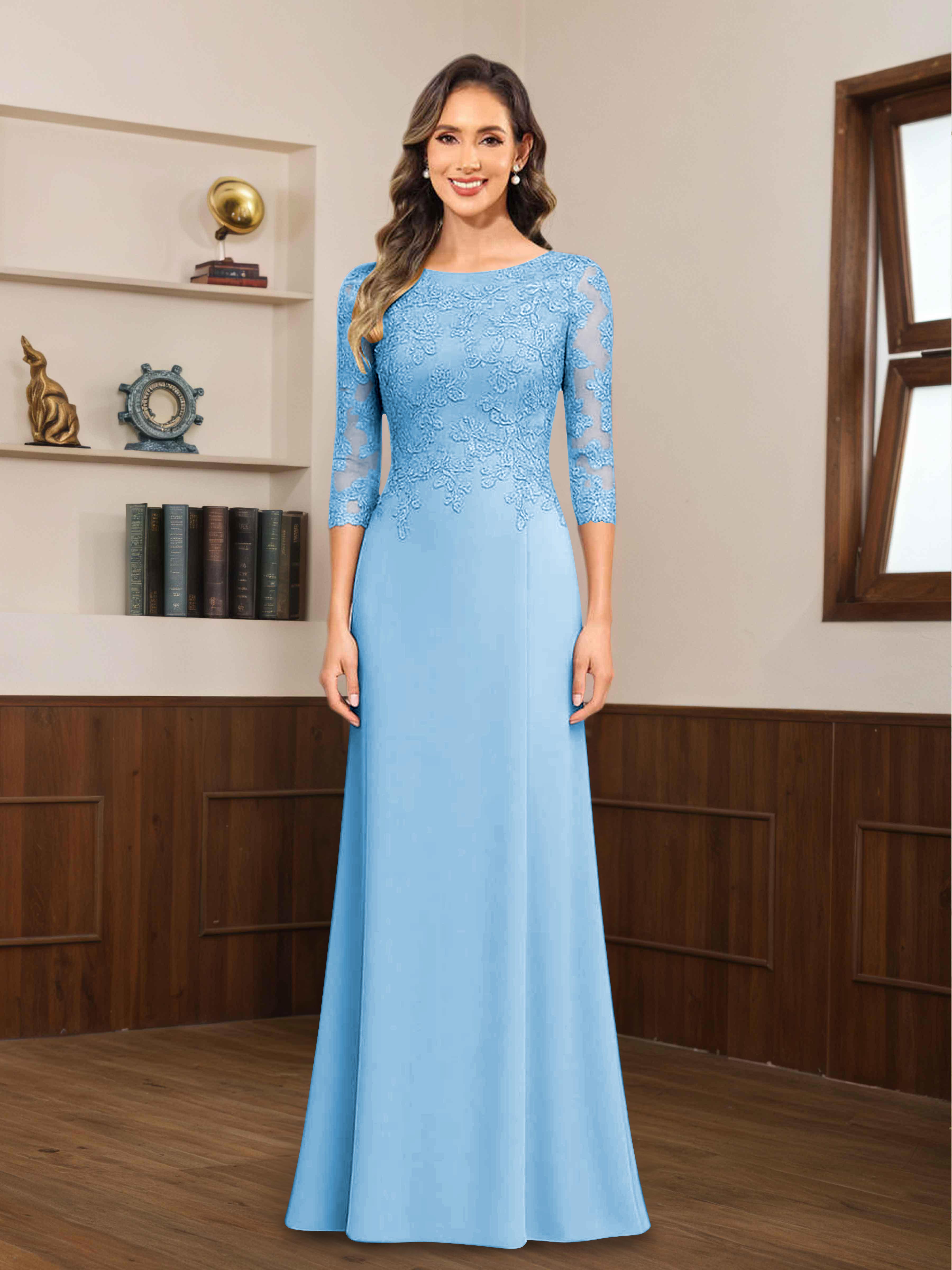 Mireya Delicate Sheath 3/4 Sleeves Long Lace Chiffon Mother of The Bride Dresses