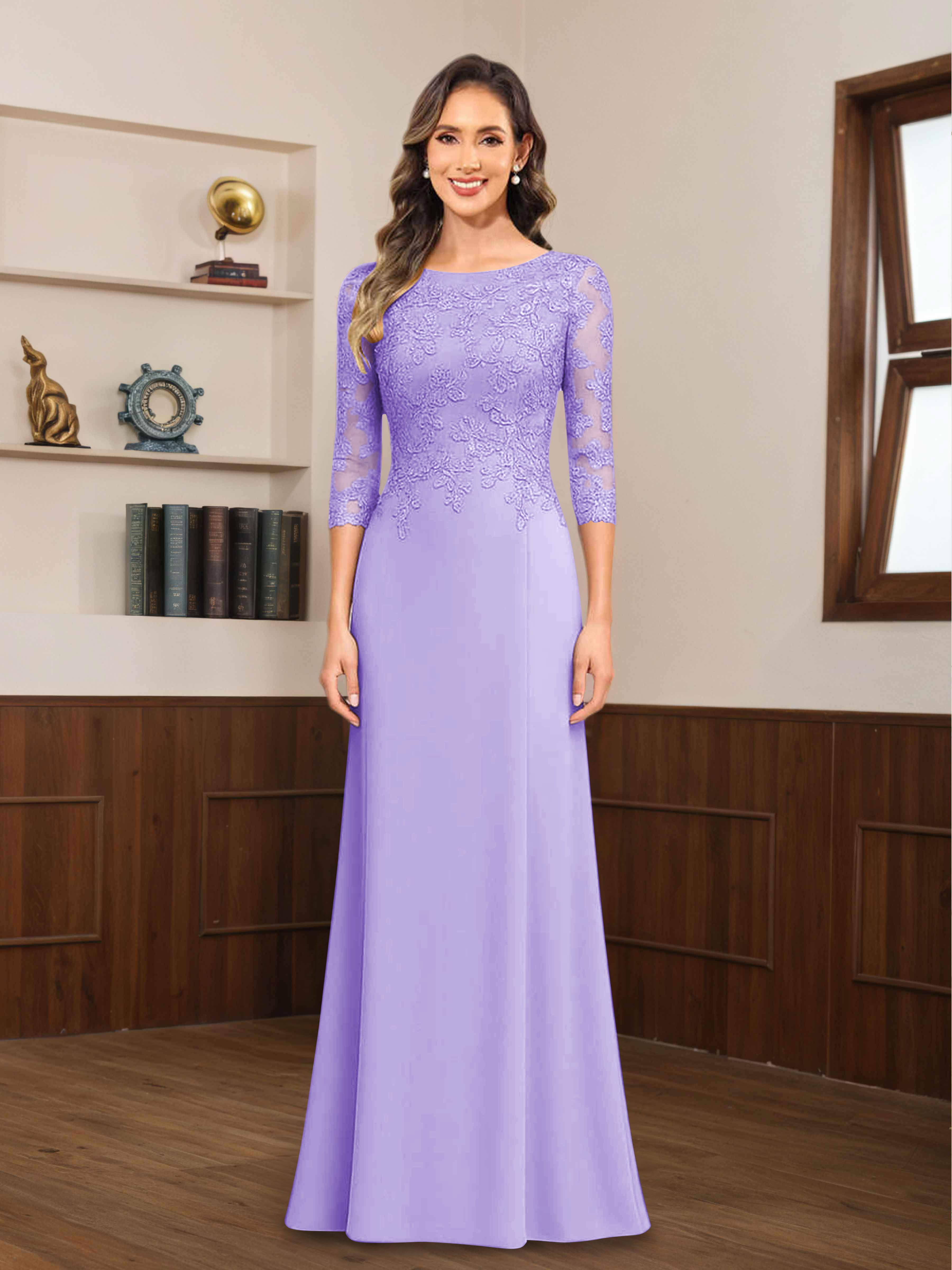 Mireya Delicate Sheath 3/4 Sleeves Long Lace Chiffon Mother of The Bride Dresses