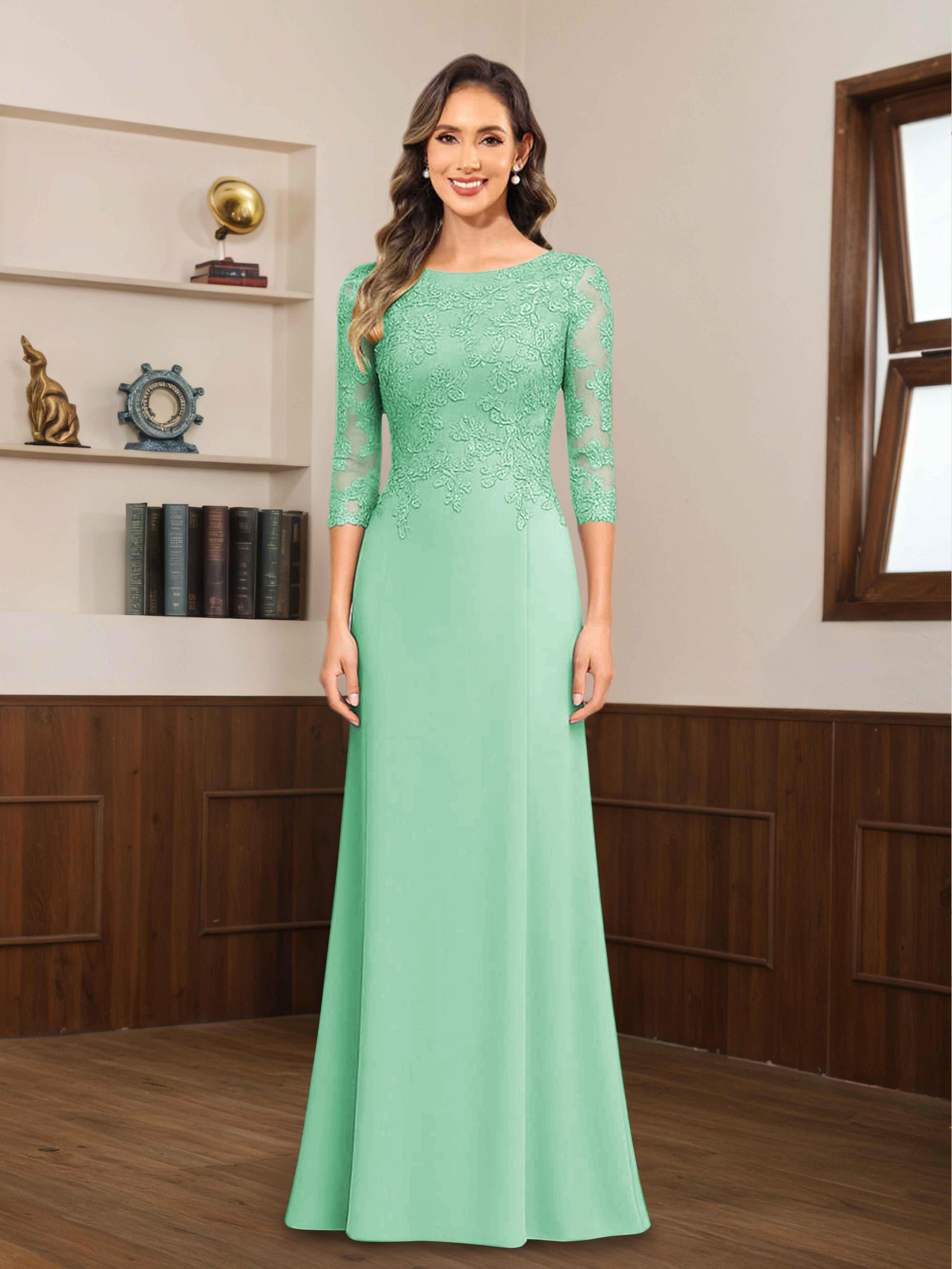Mireya Delicate Sheath 3/4 Sleeves Long Lace Chiffon Mother of The Bride Dresses