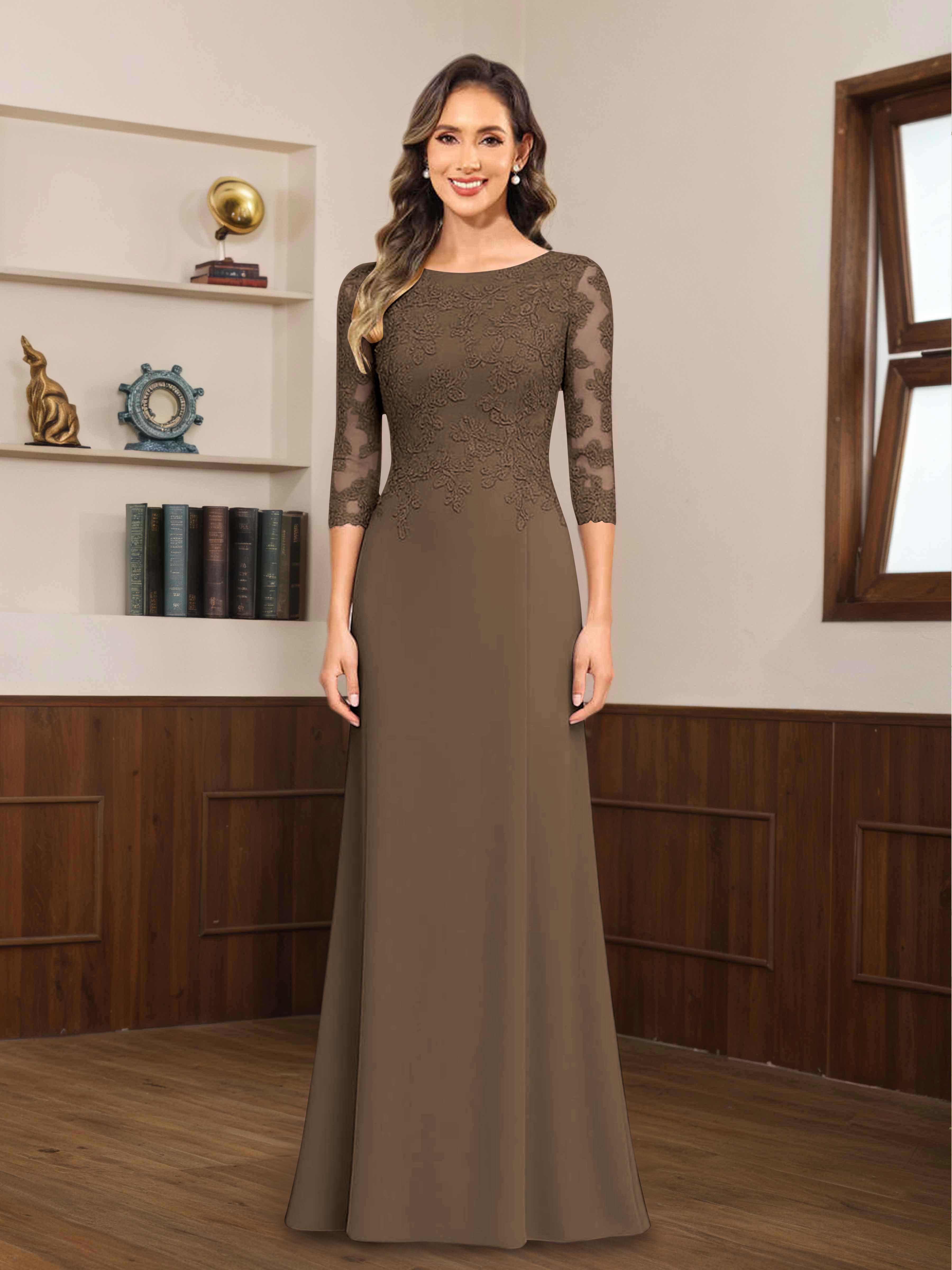 Mireya Delicate Sheath 3/4 Sleeves Long Lace Chiffon Mother of The Bride Dresses
