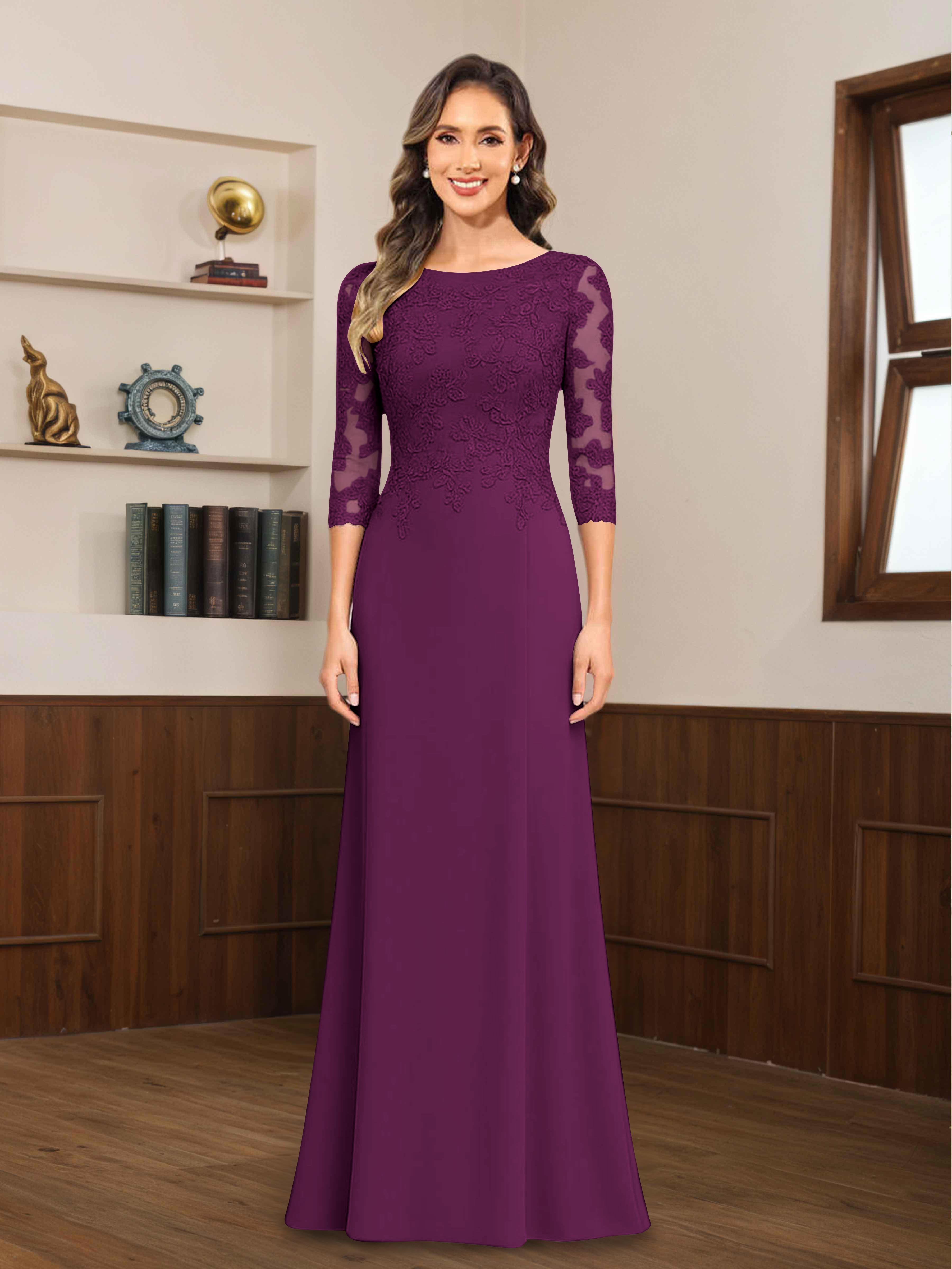 Mireya Delicate Sheath 3/4 Sleeves Long Lace Chiffon Mother of The Bride Dresses