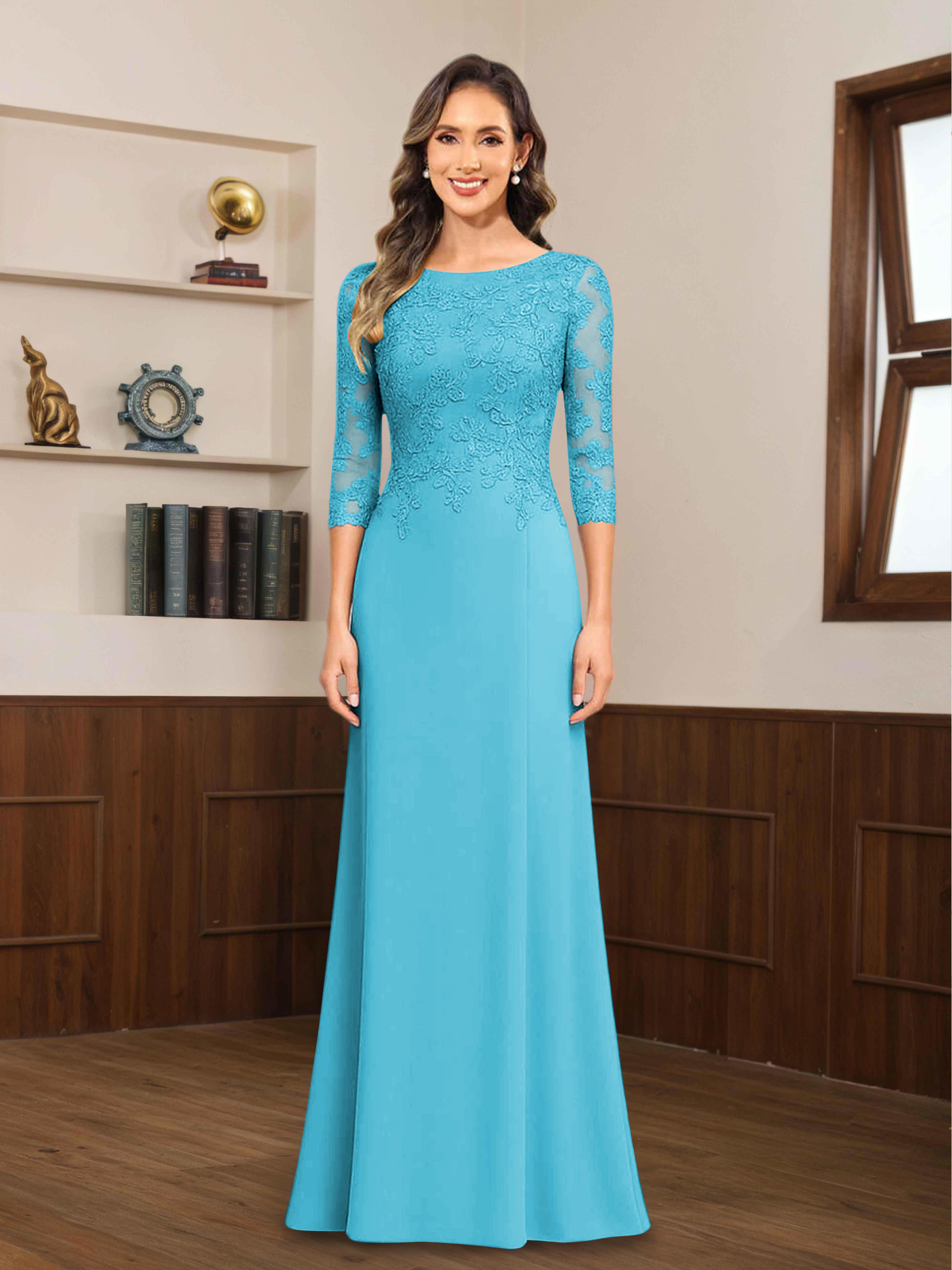 Mireya Delicate Sheath 3/4 Sleeves Long Lace Chiffon Mother of The Bride Dresses