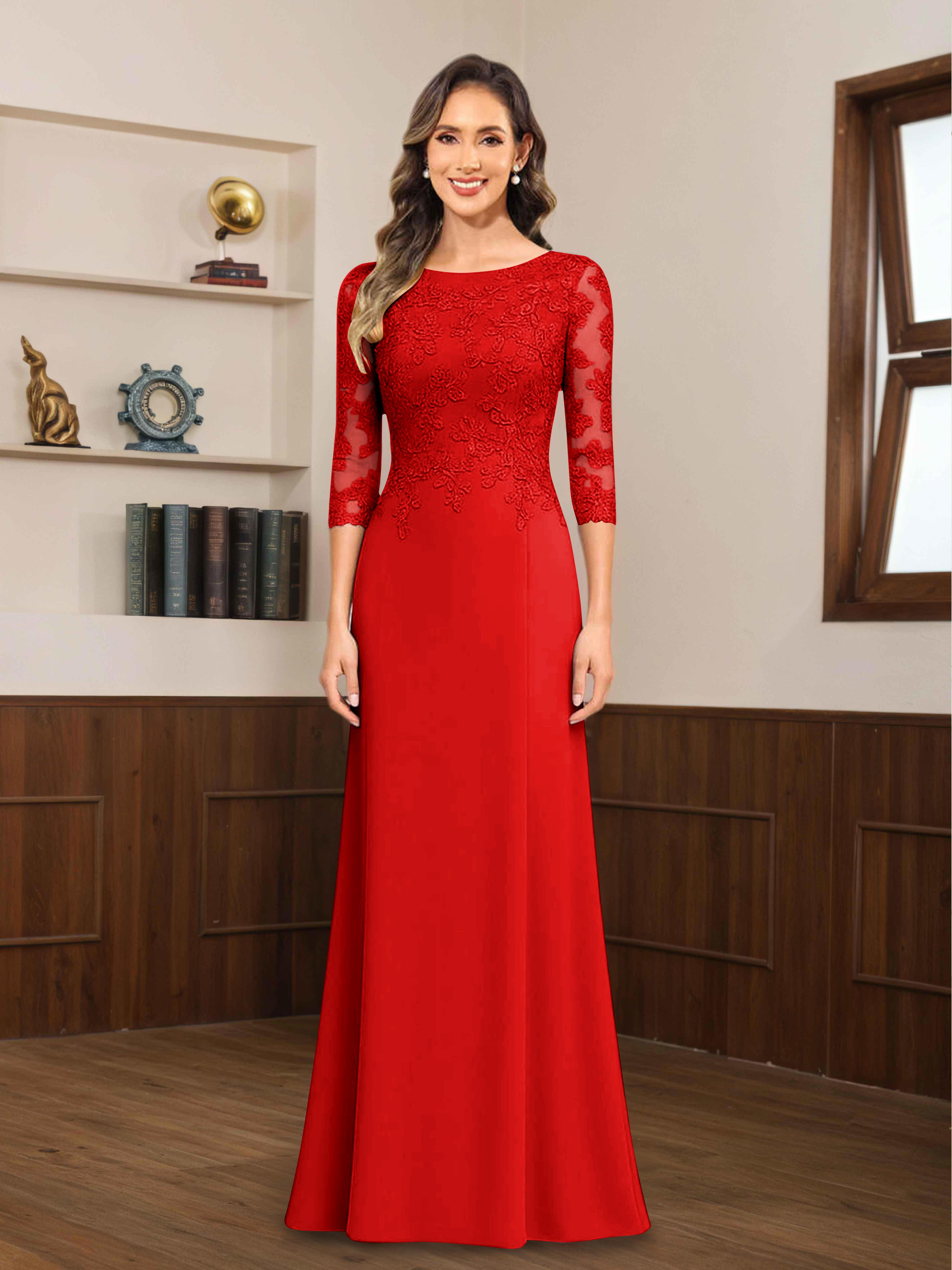 Mireya Delicate Sheath 3/4 Sleeves Long Lace Chiffon Mother of The Bride Dresses