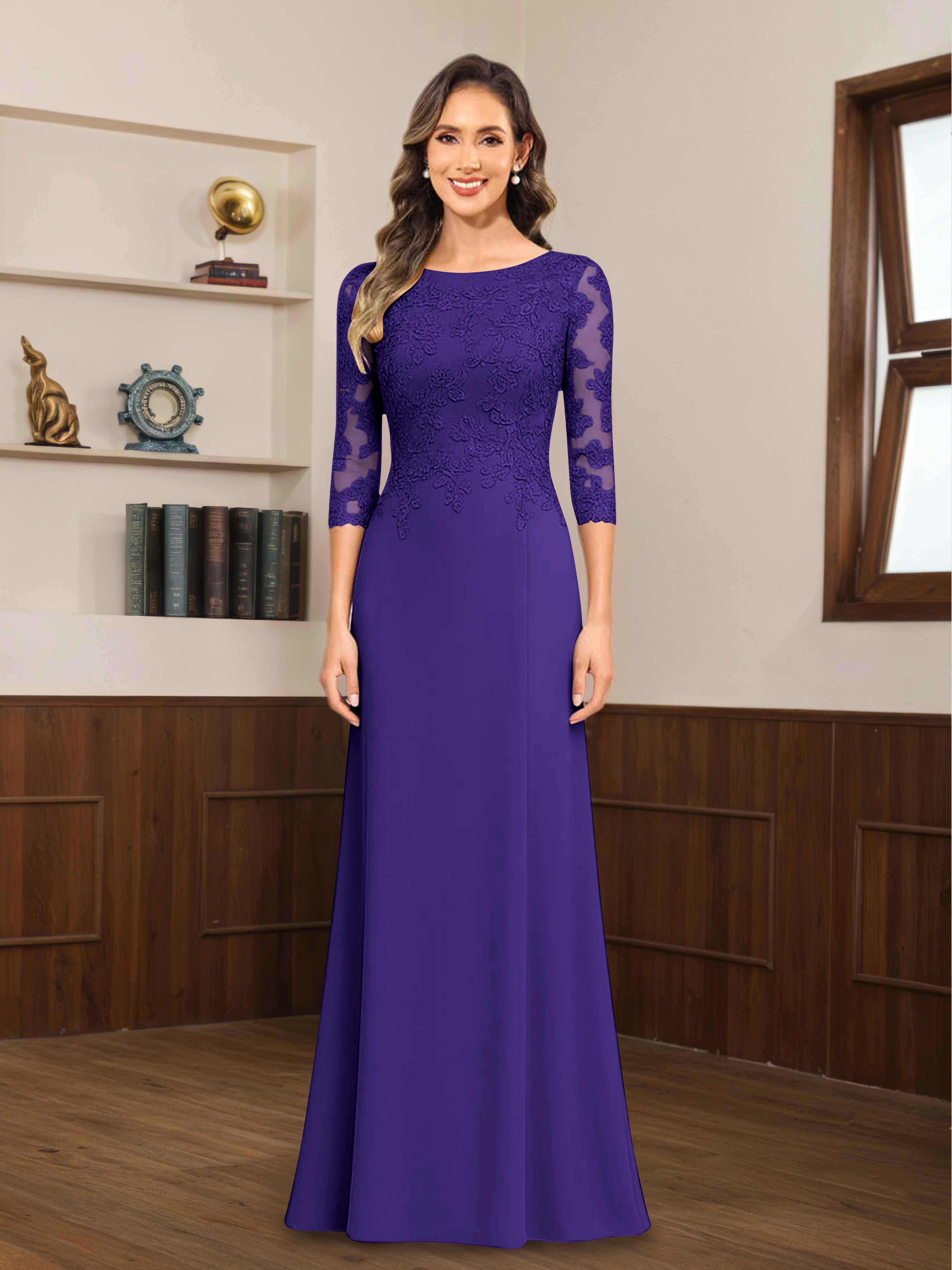 Mireya Delicate Sheath 3/4 Sleeves Long Lace Chiffon Mother of The Bride Dresses