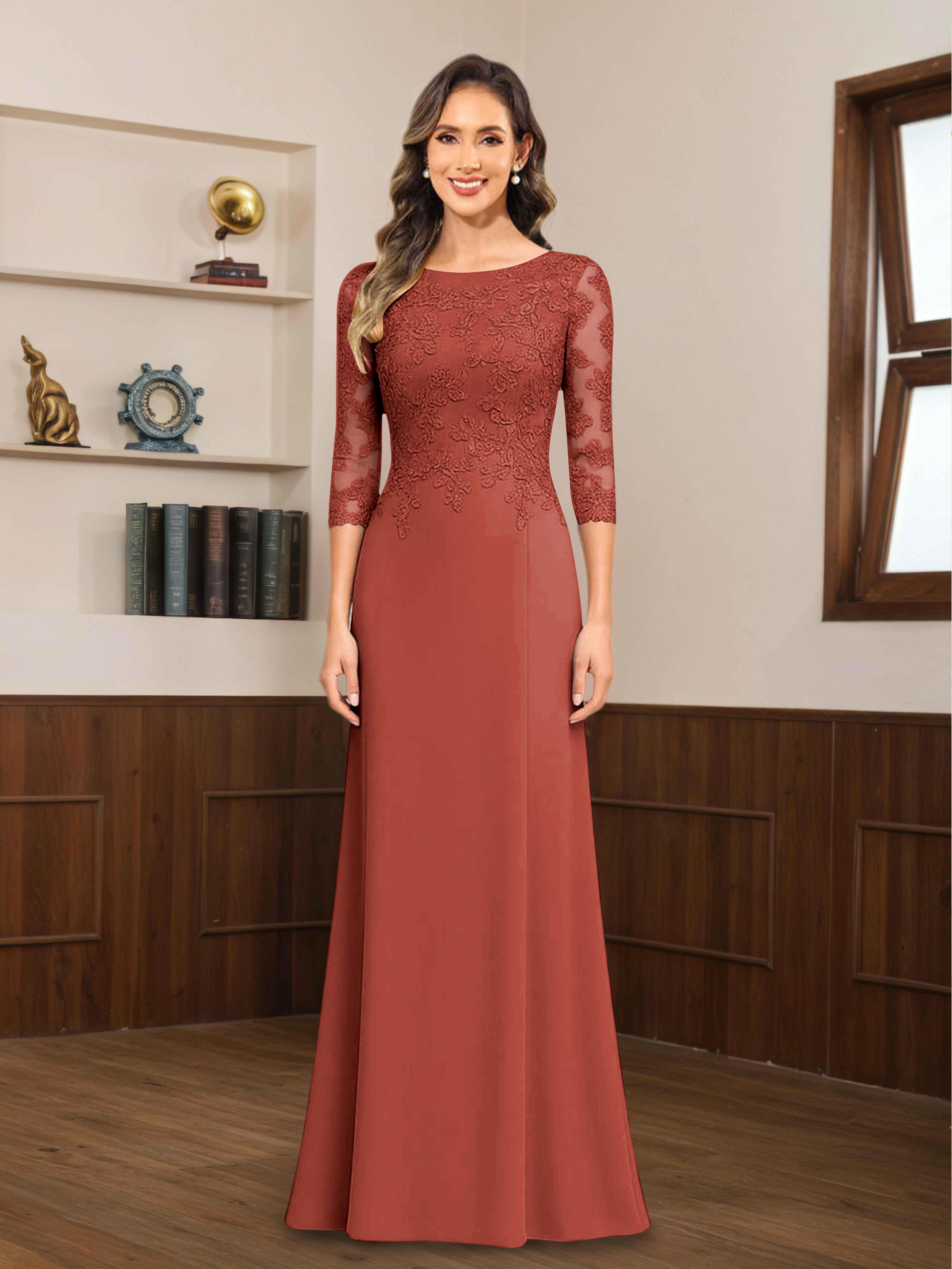 Mireya Delicate Sheath 3/4 Sleeves Long Lace Chiffon Mother of The Bride Dresses