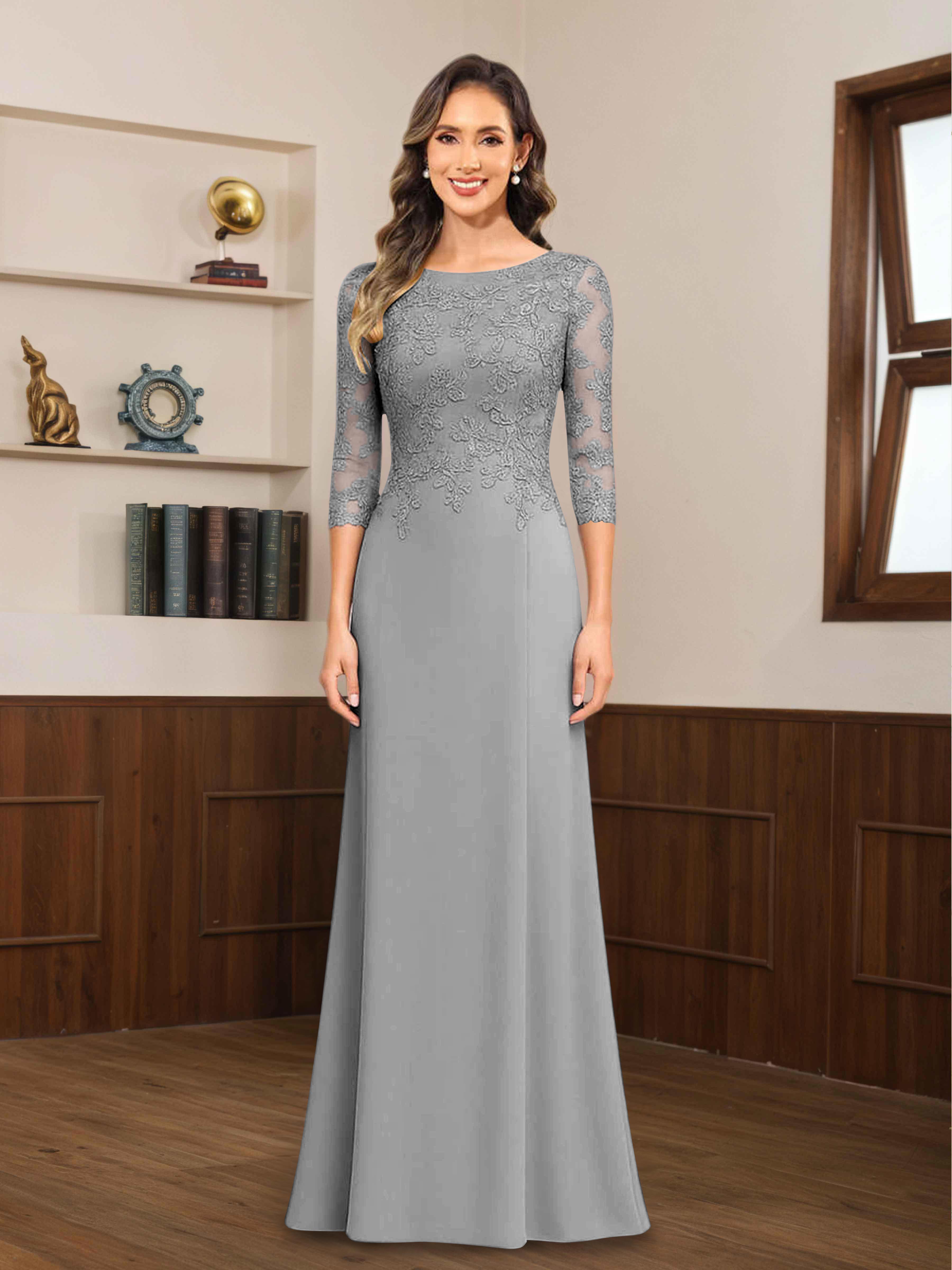 Mireya Delicate Sheath 3/4 Sleeves Long Lace Chiffon Mother of The Bride Dresses