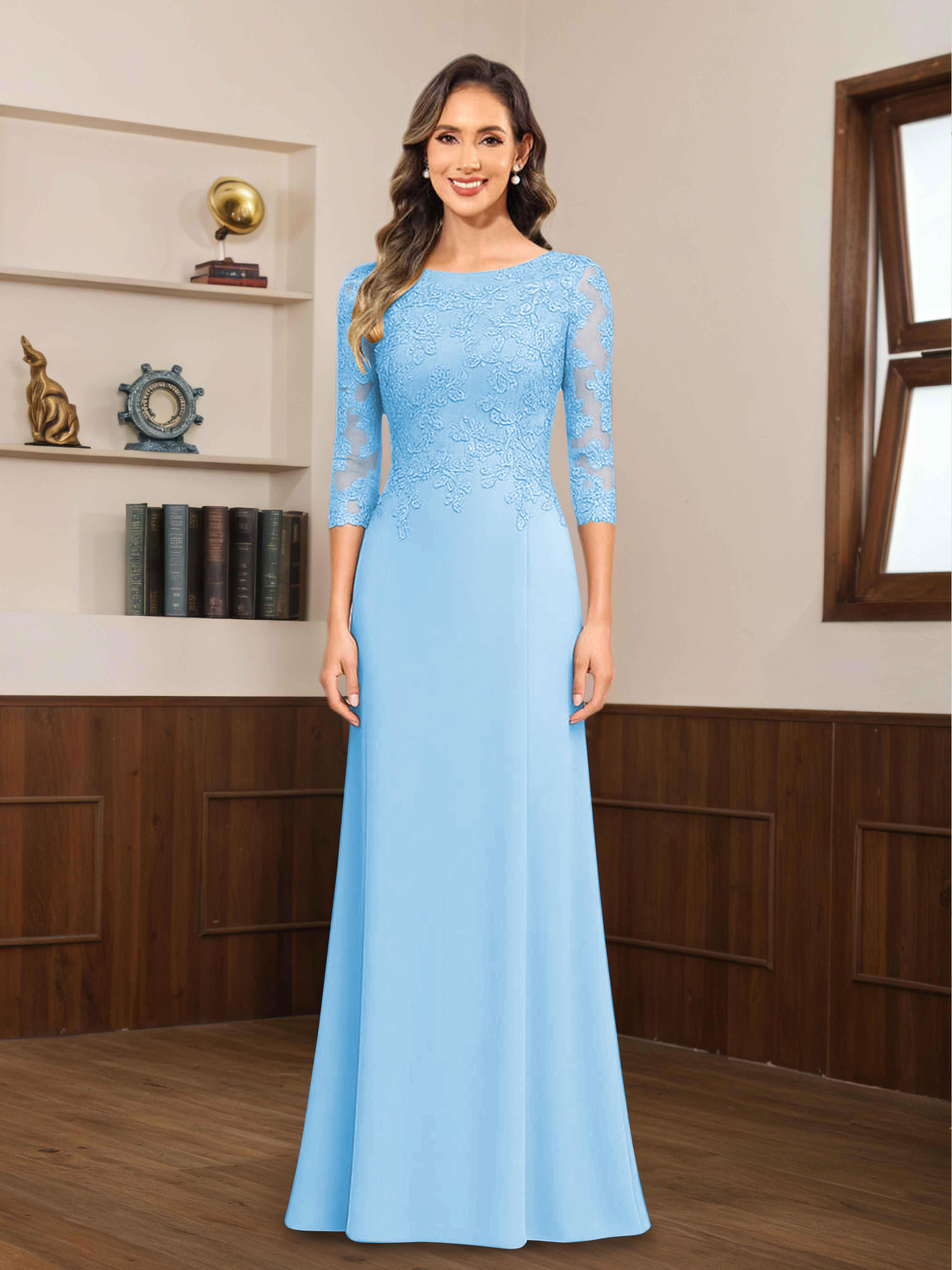 Mireya Delicate Sheath 3/4 Sleeves Long Lace Chiffon Mother of The Bride Dresses