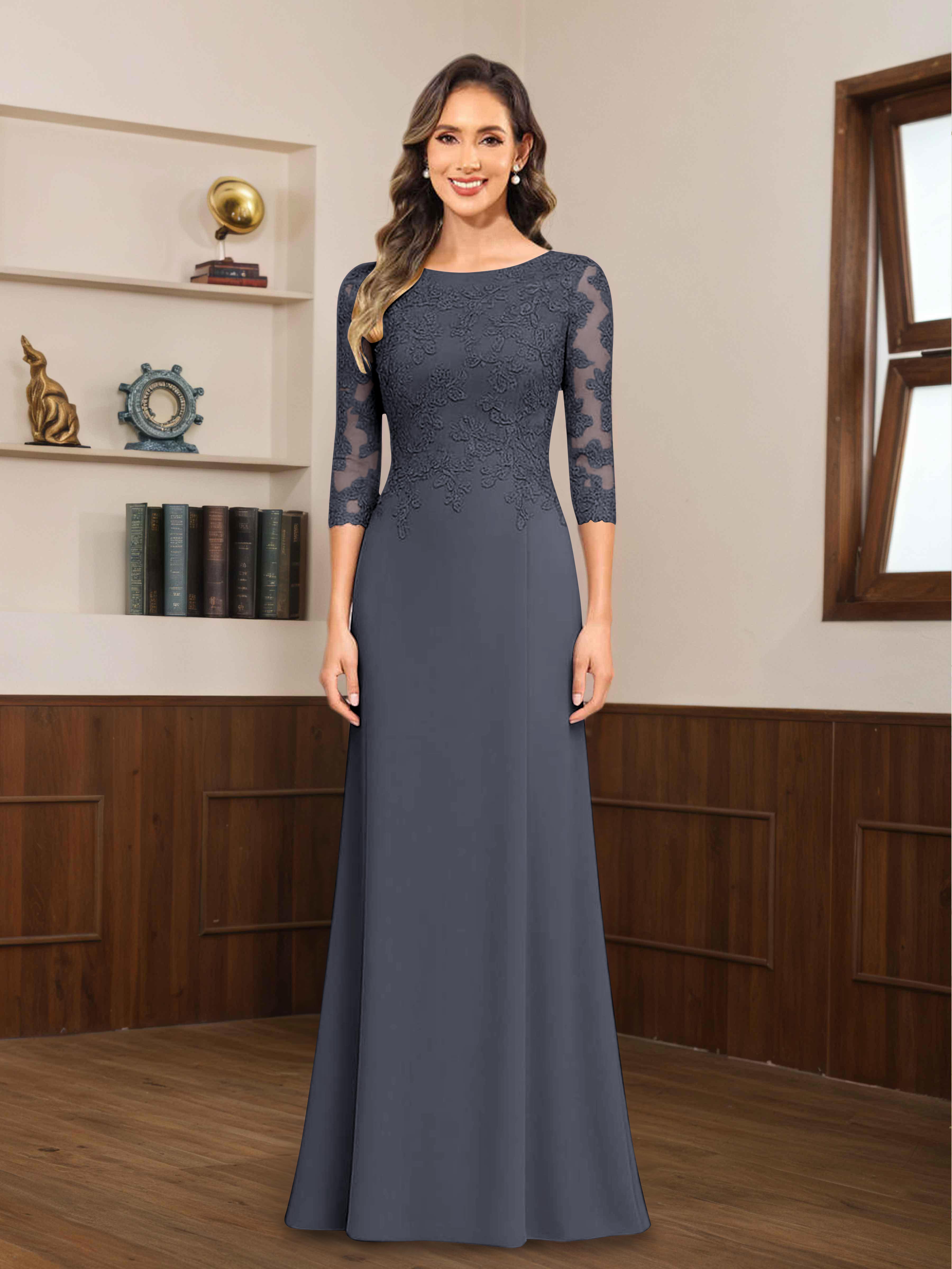 Mireya Delicate Sheath 3/4 Sleeves Long Lace Chiffon Mother of The Bride Dresses