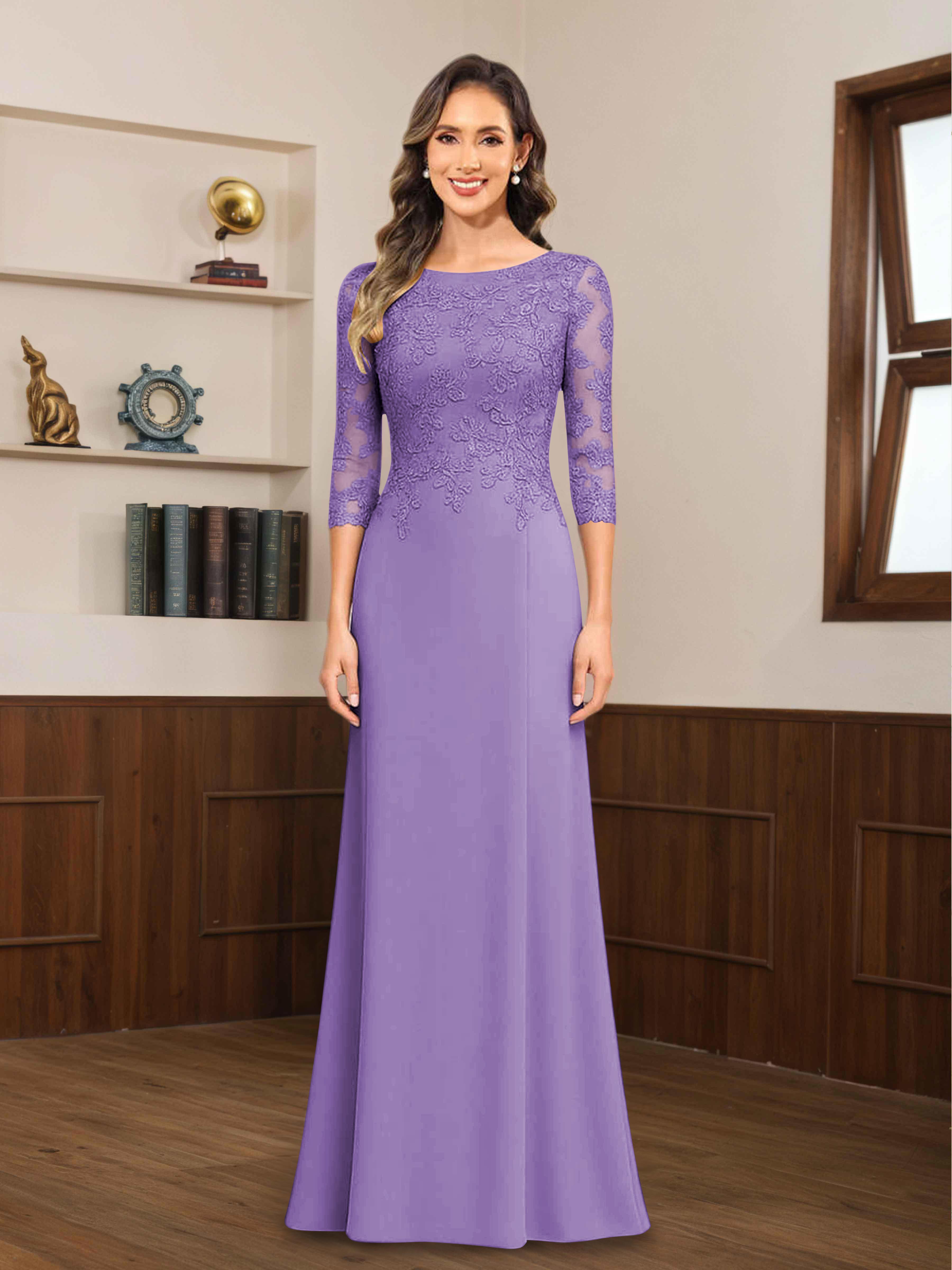 Mireya Delicate Sheath 3/4 Sleeves Long Lace Chiffon Mother of The Bride Dresses