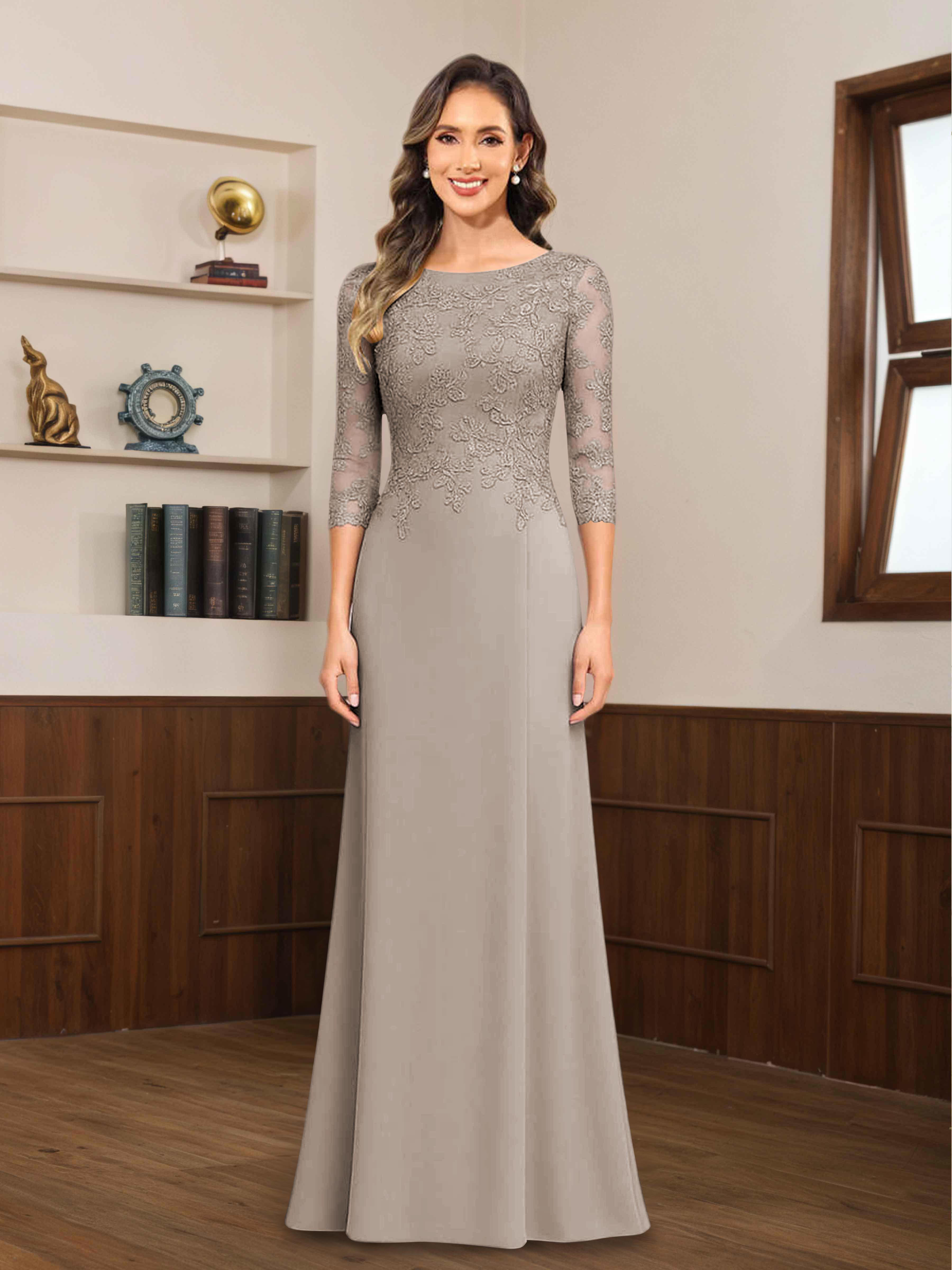 Mireya Delicate Sheath 3/4 Sleeves Long Lace Chiffon Mother of The Bride Dresses