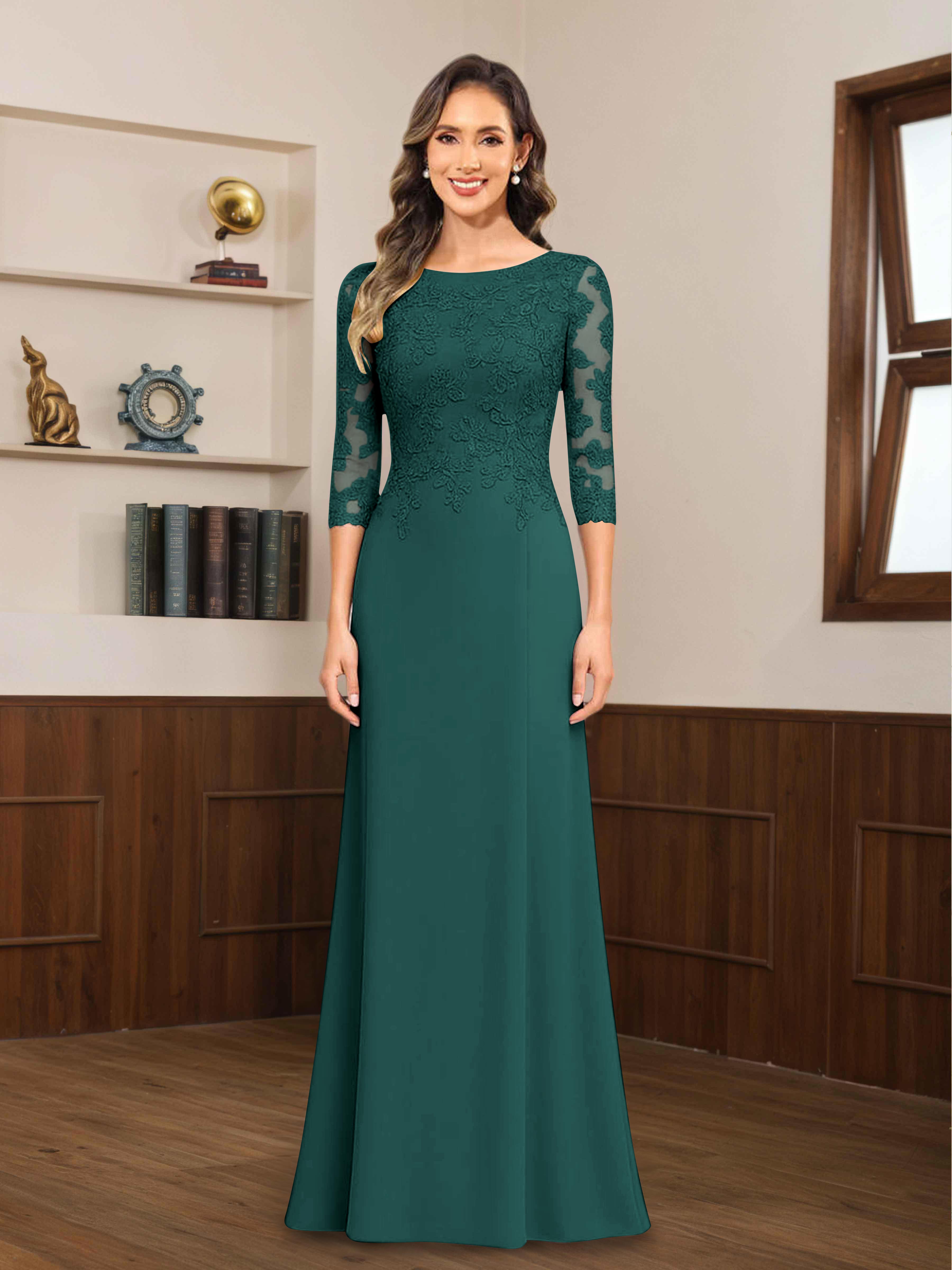 Mireya Delicate Sheath 3/4 Sleeves Long Lace Chiffon Mother of The Bride Dresses