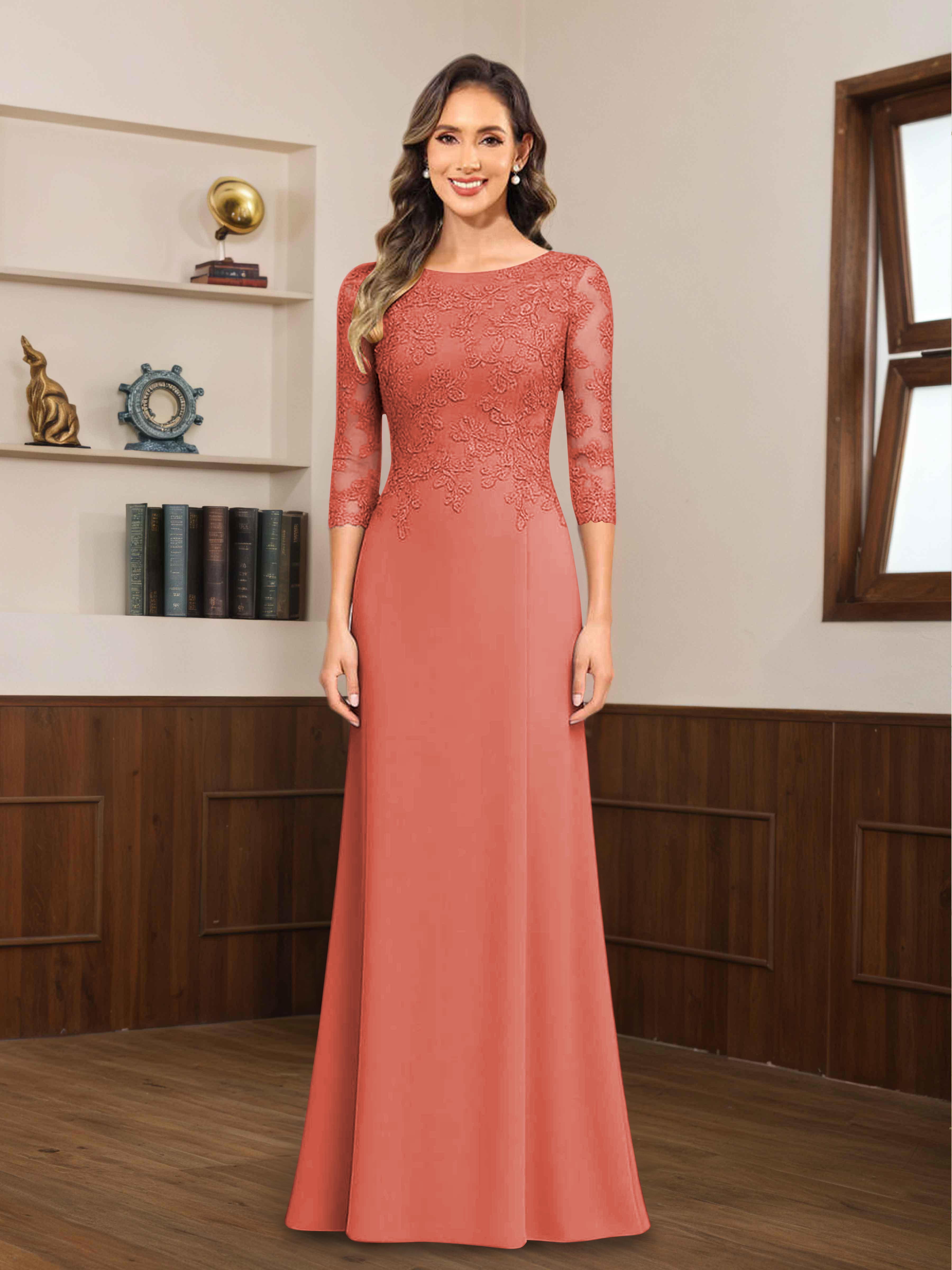 Mireya Delicate Sheath 3/4 Sleeves Long Lace Chiffon Mother of The Bride Dresses