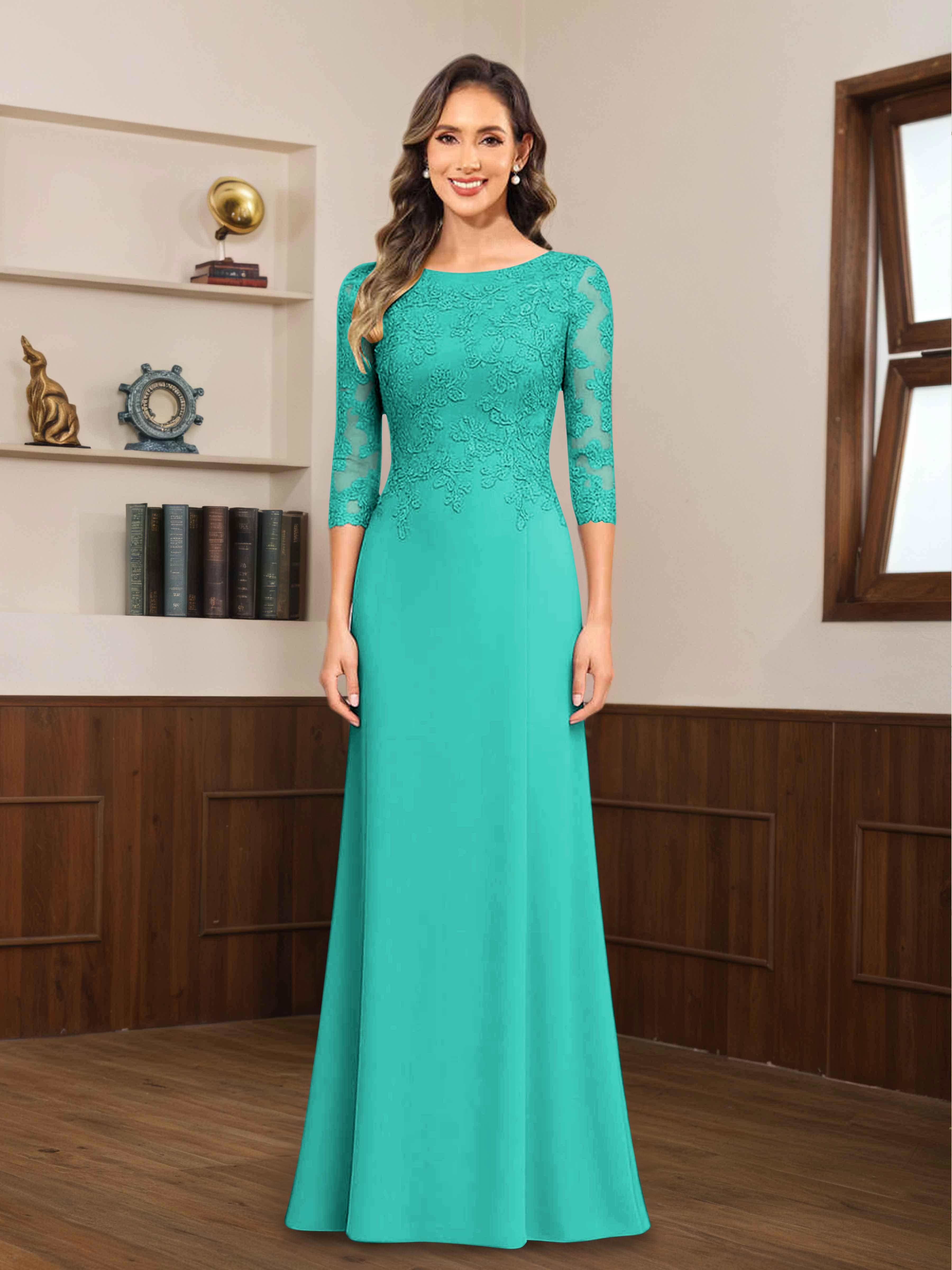 Mireya Delicate Sheath 3/4 Sleeves Long Lace Chiffon Mother of The Bride Dresses