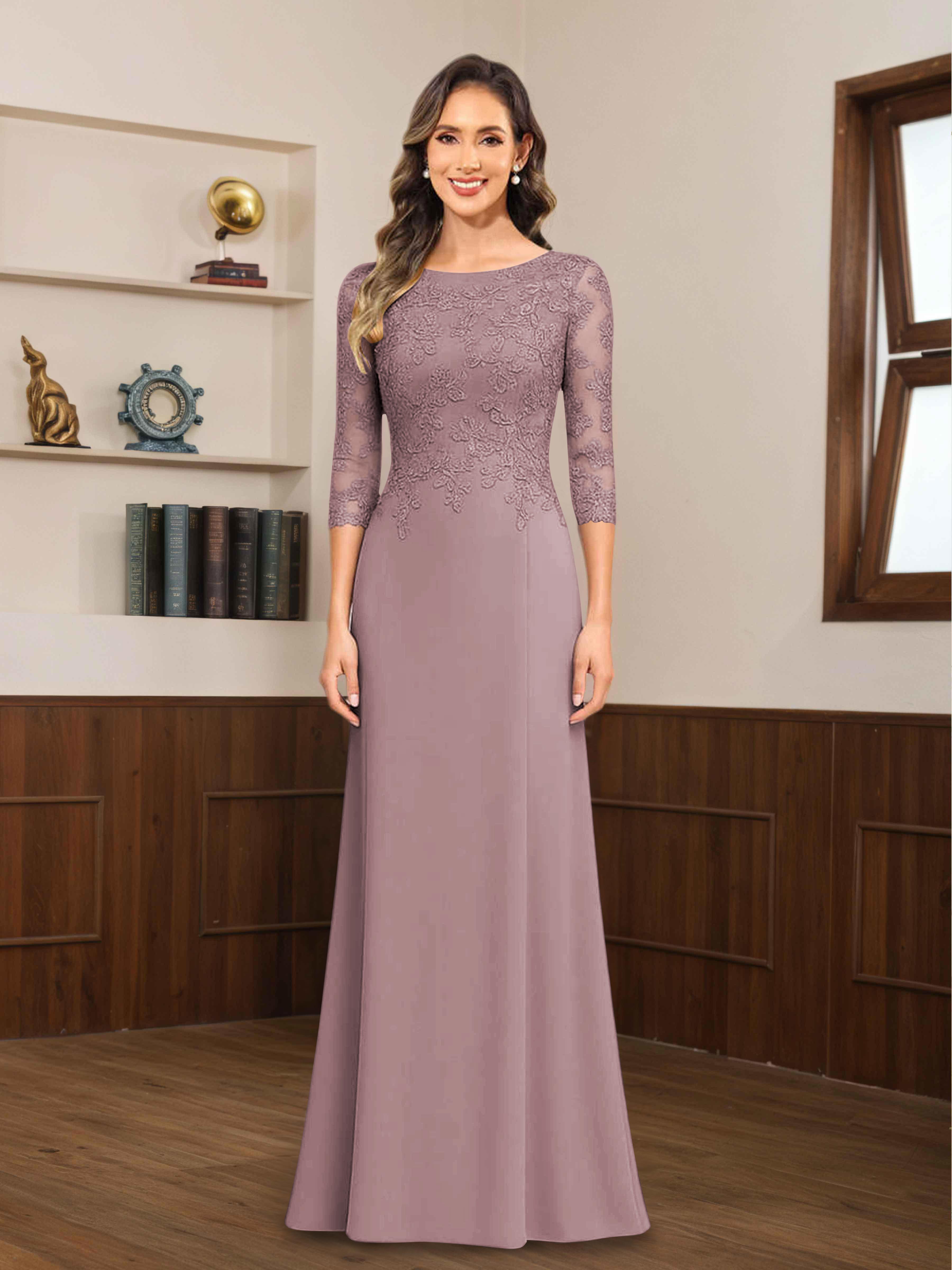 Mireya Delicate Sheath 3/4 Sleeves Long Lace Chiffon Mother of The Bride Dresses