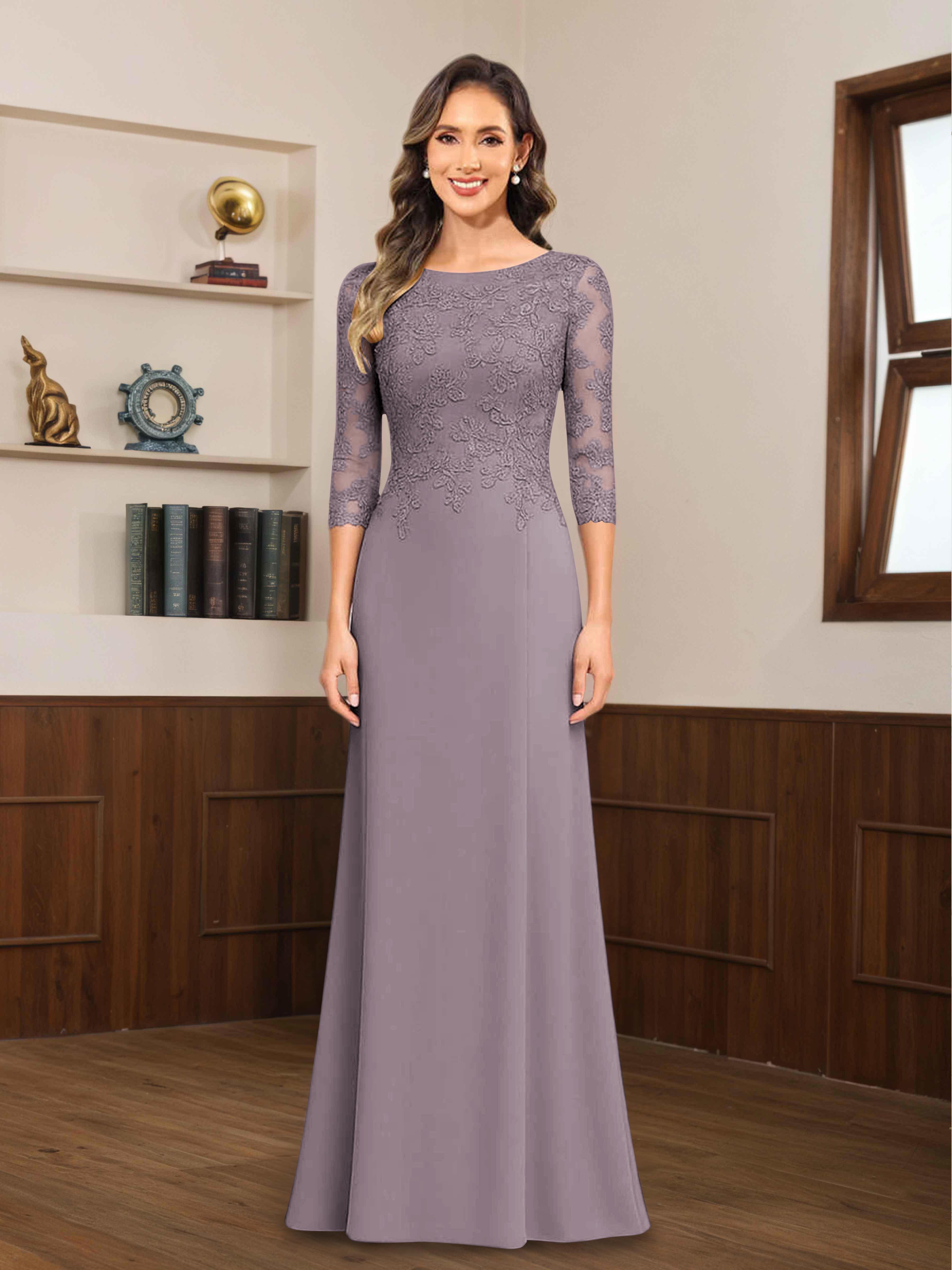 Mireya Delicate Sheath 3/4 Sleeves Long Lace Chiffon Mother of The Bride Dresses
