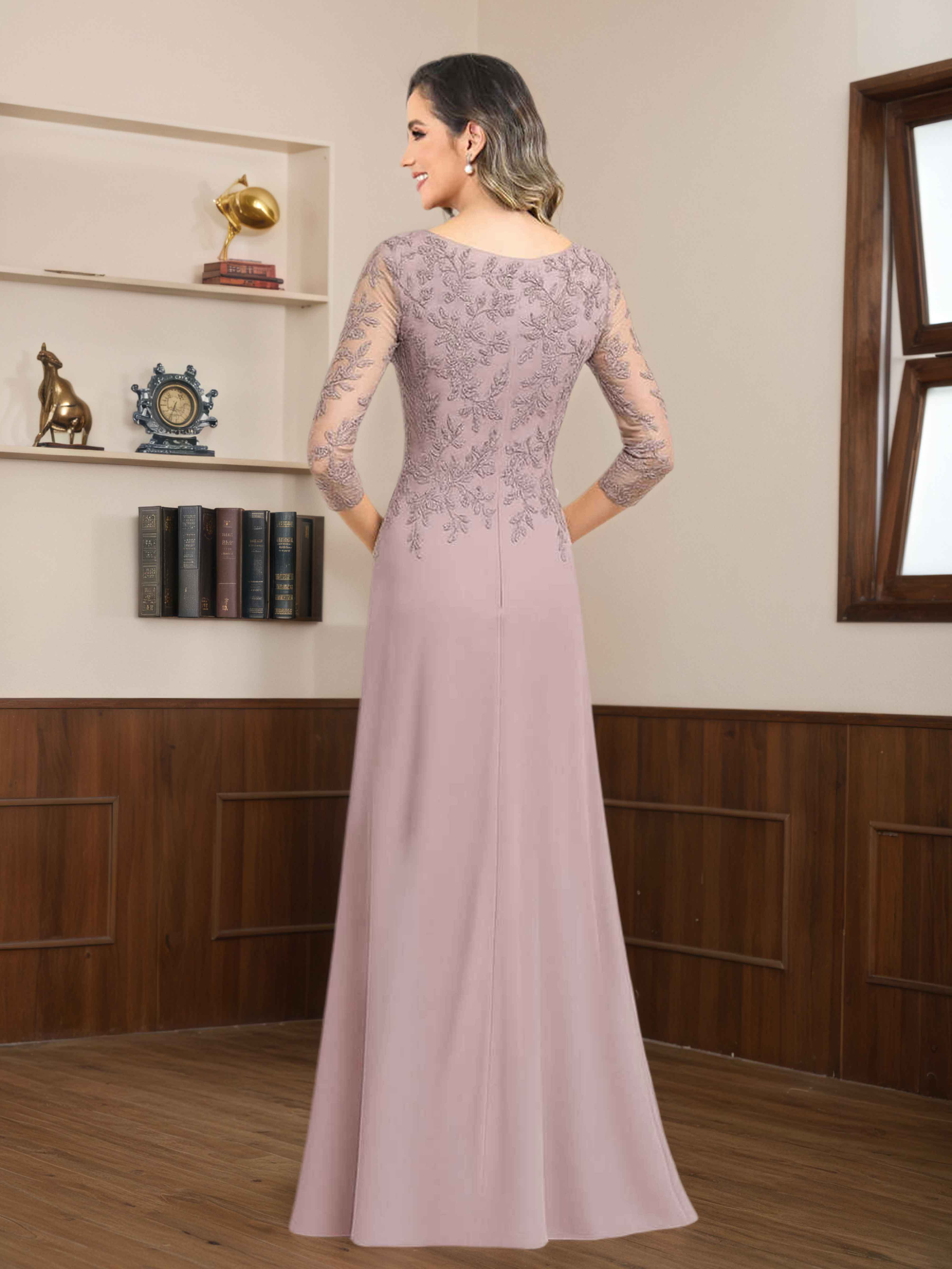 Mireya Delicate Sheath 3/4 Sleeves Long Lace Chiffon Mother of The Bride Dresses