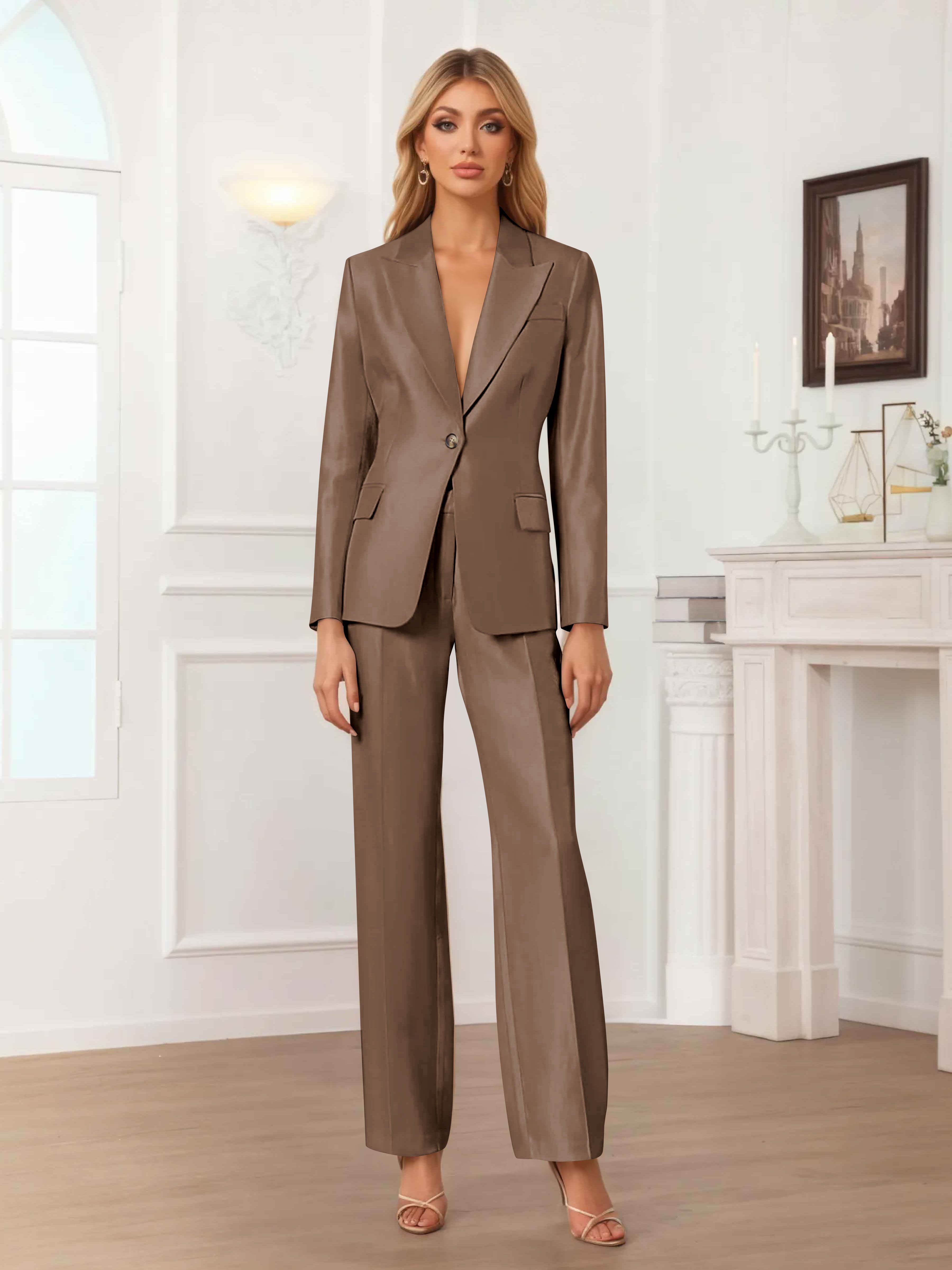 Women's 2 Pieces Peak Lapel One-Button Satin Formal Suit Set UK