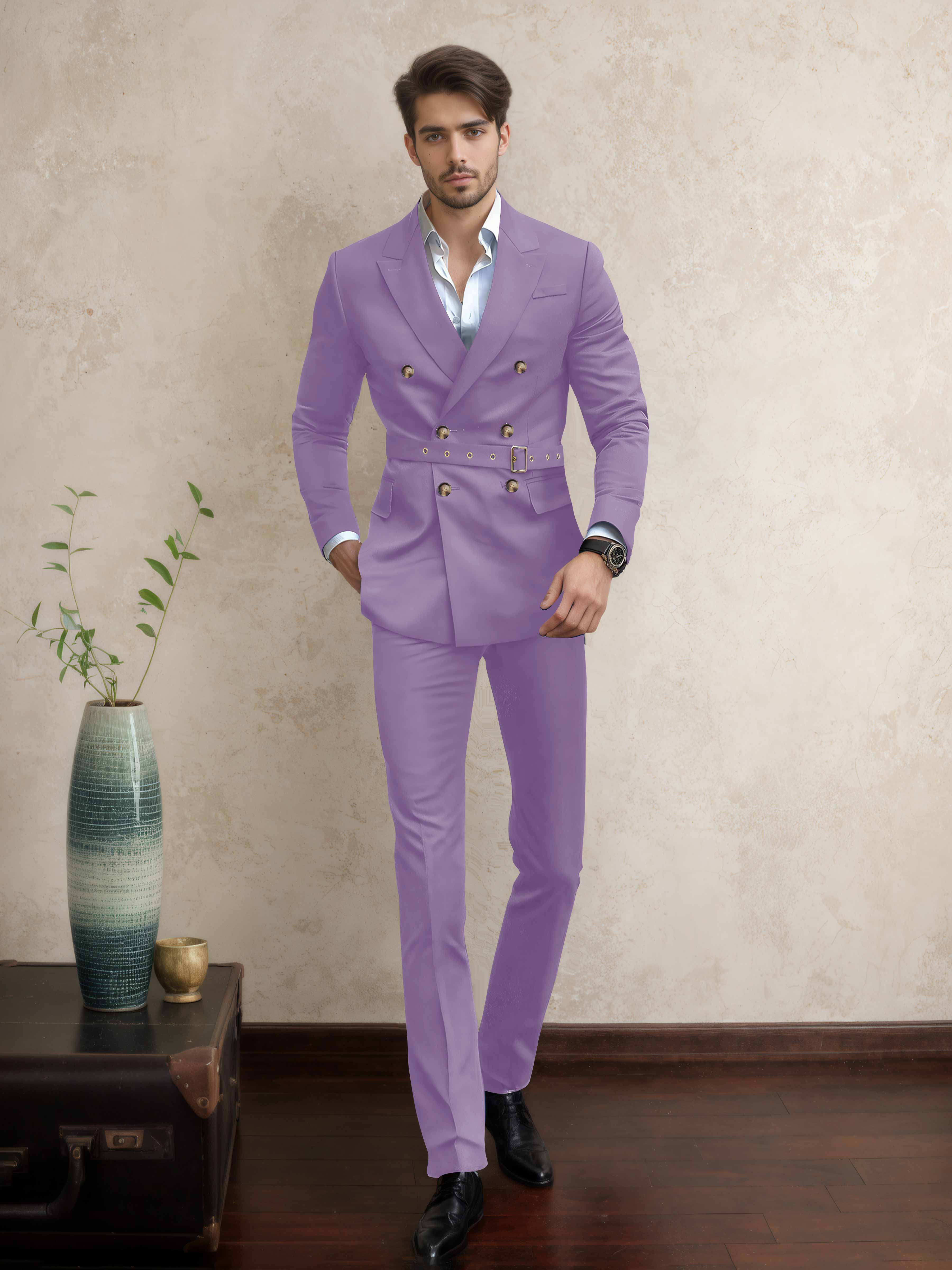 Modern Double Breasted Men's 2 Pieces Belted Peak Lapel Business Suit