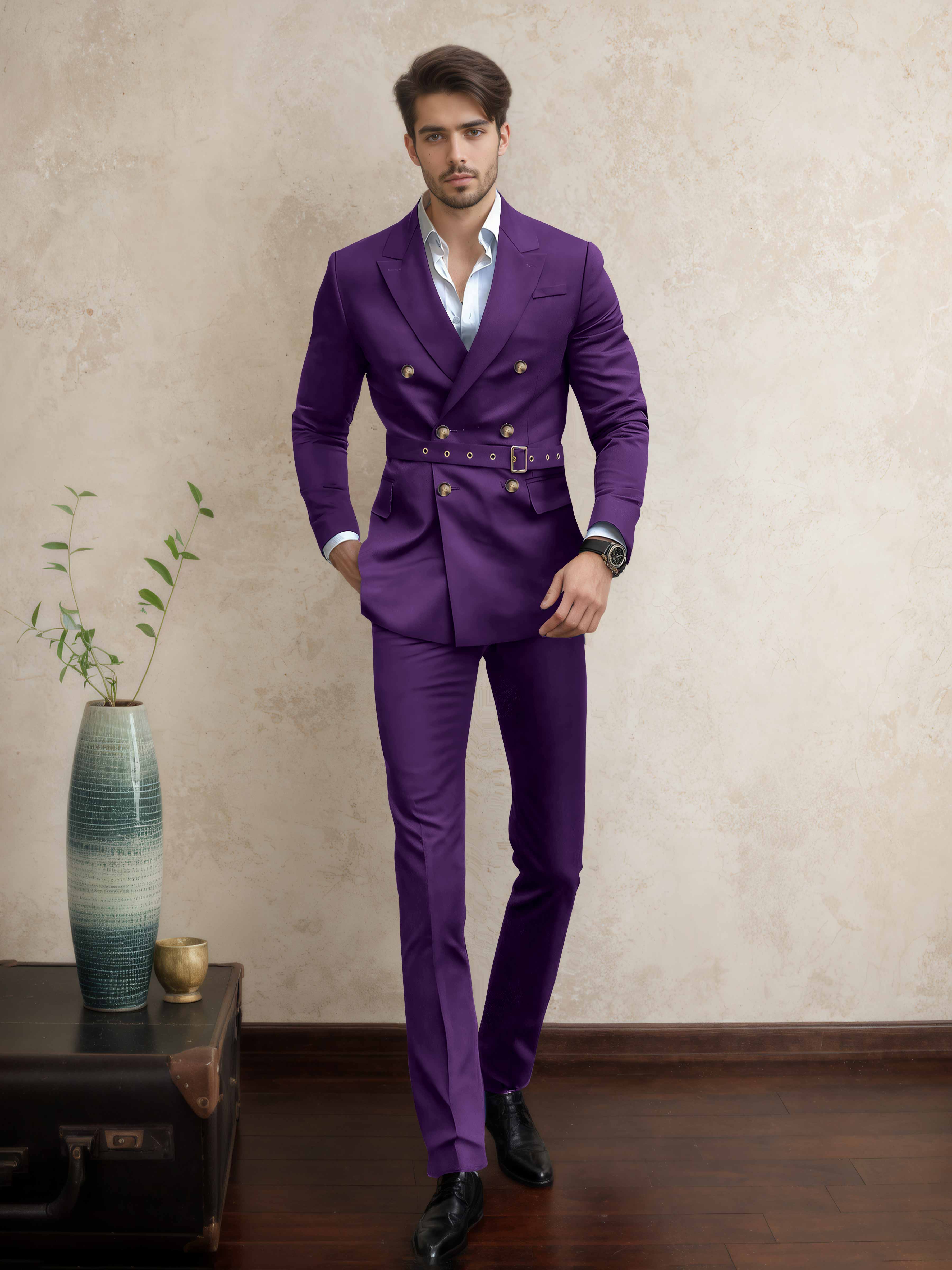 Modern Double Breasted Men's 2 Pieces Belted Peak Lapel Business Suit