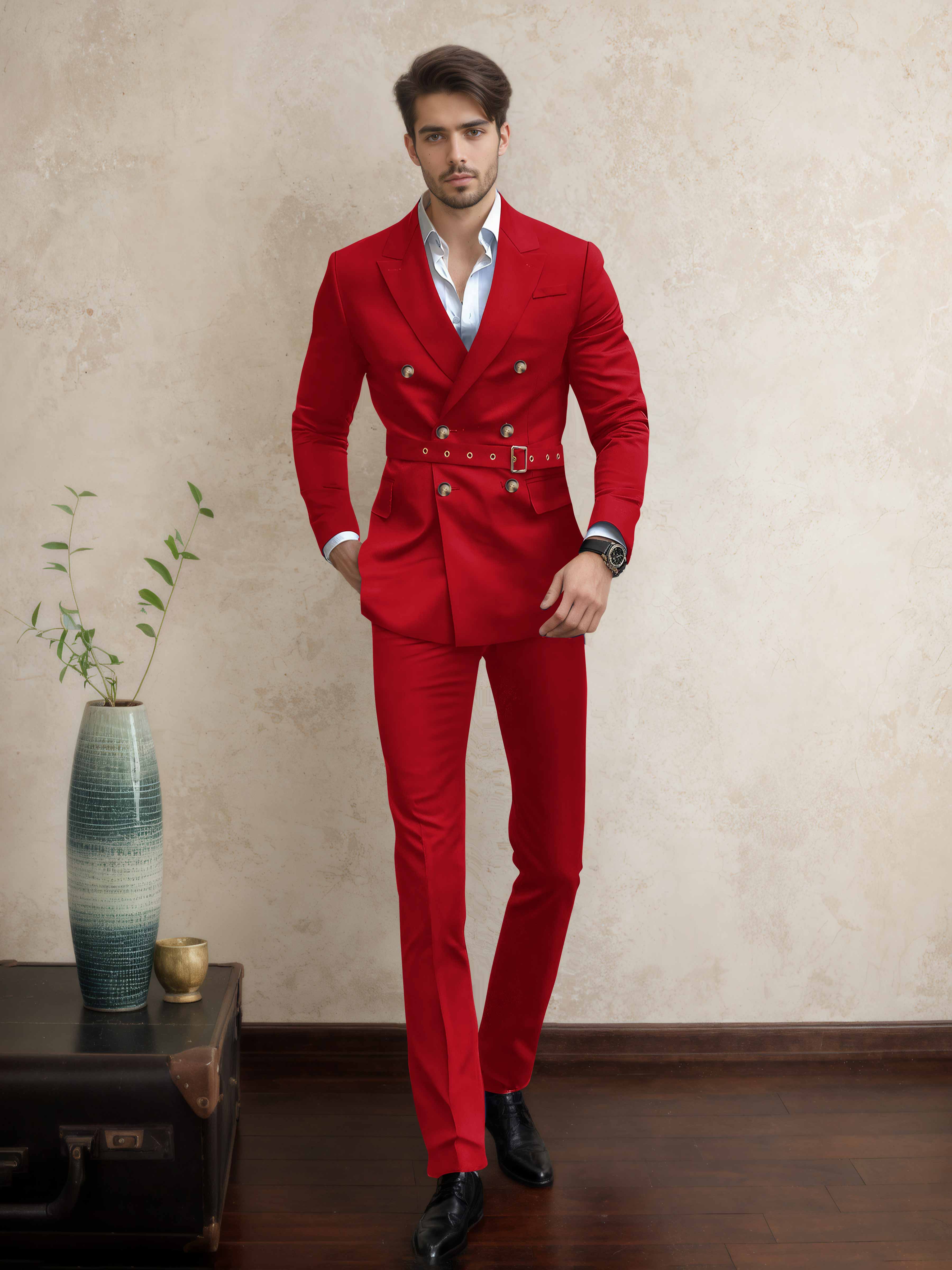 Modern Double Breasted Men's 2 Pieces Belted Peak Lapel Business Suit