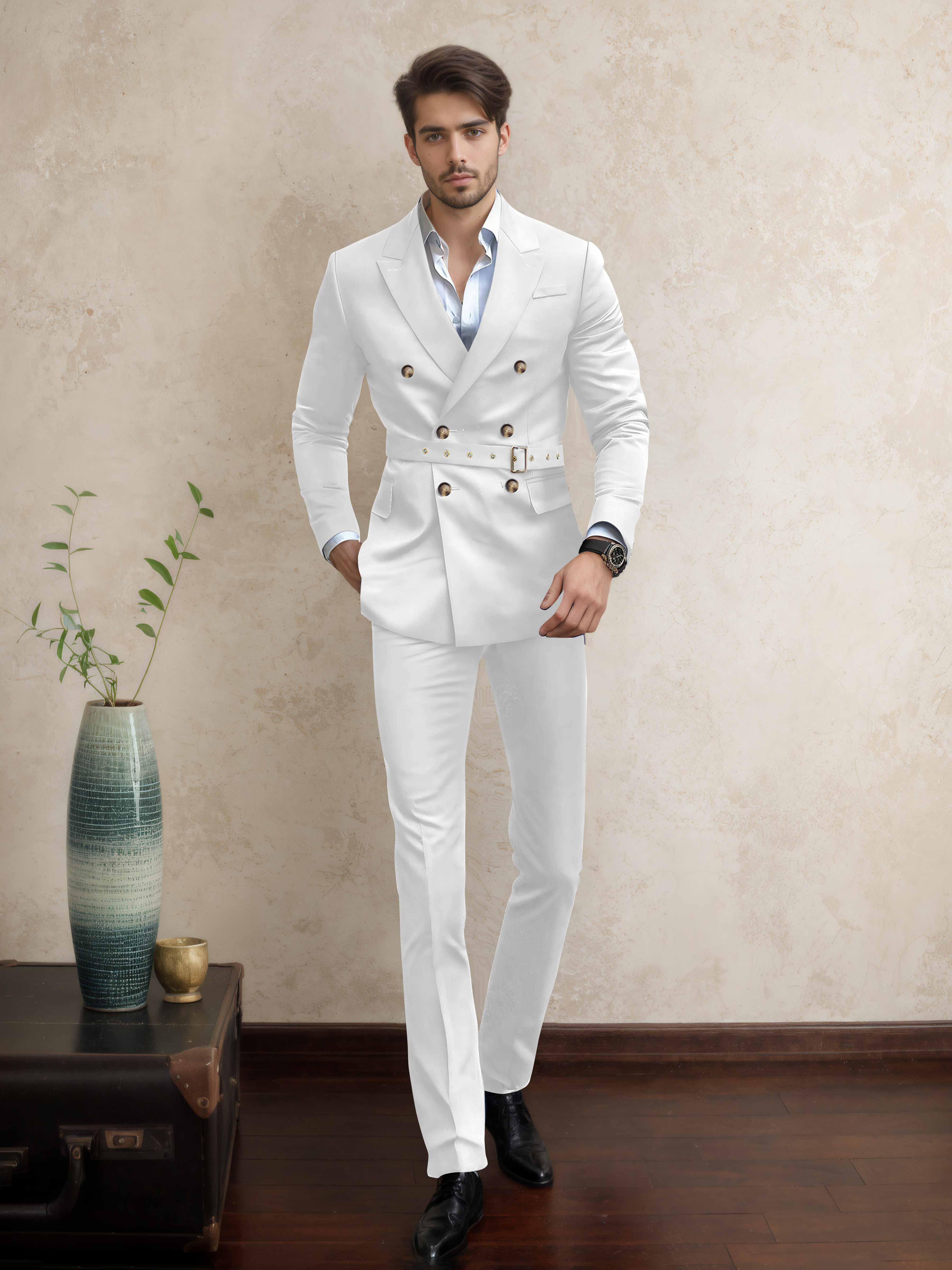 Modern Double Breasted Men's 2 Pieces Belted Peak Lapel Business Suit