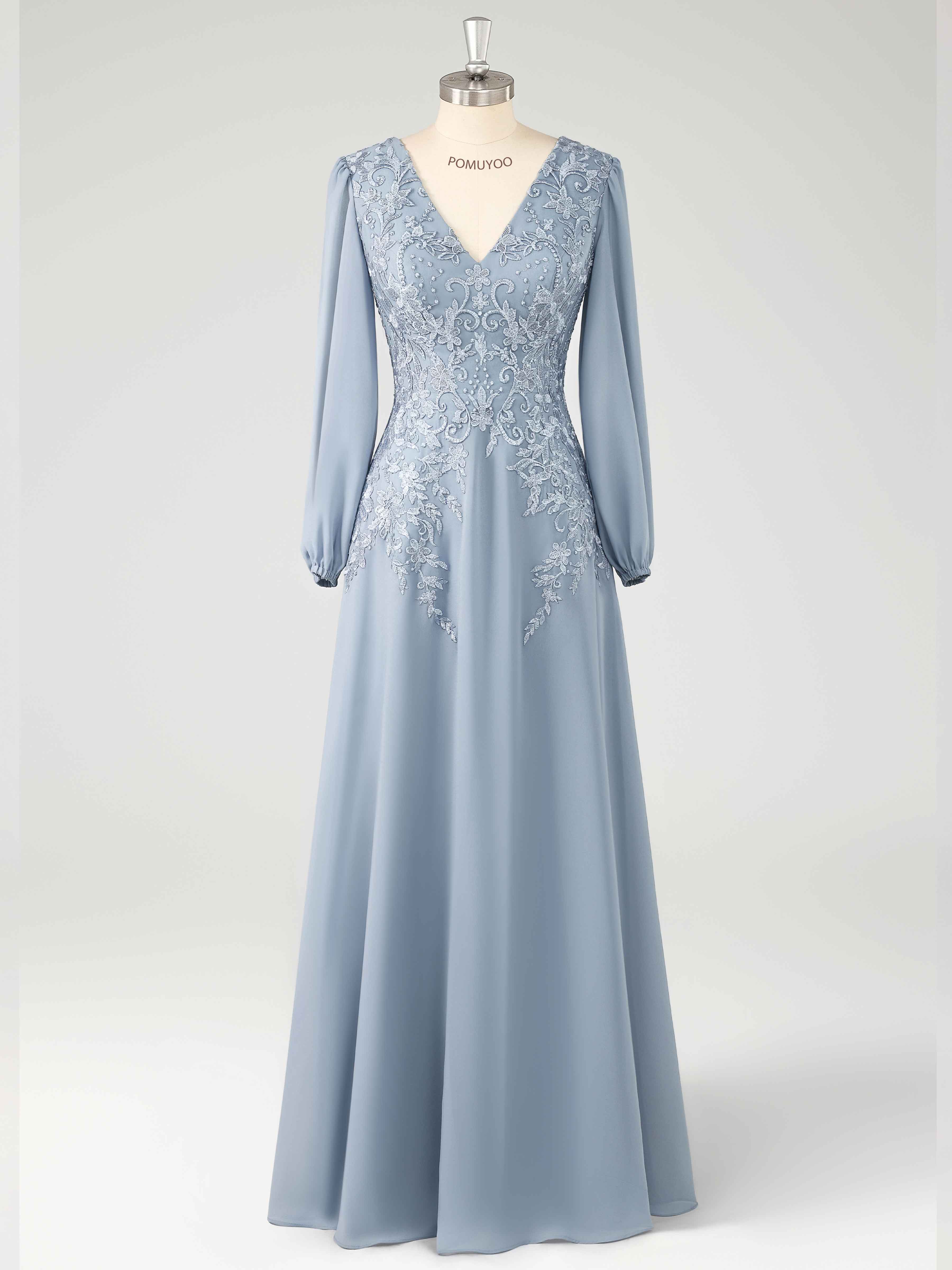 Delicate A-Line Long Sleeves Appliques Floor Length Chiffon Mother of the Bride Dresses UK