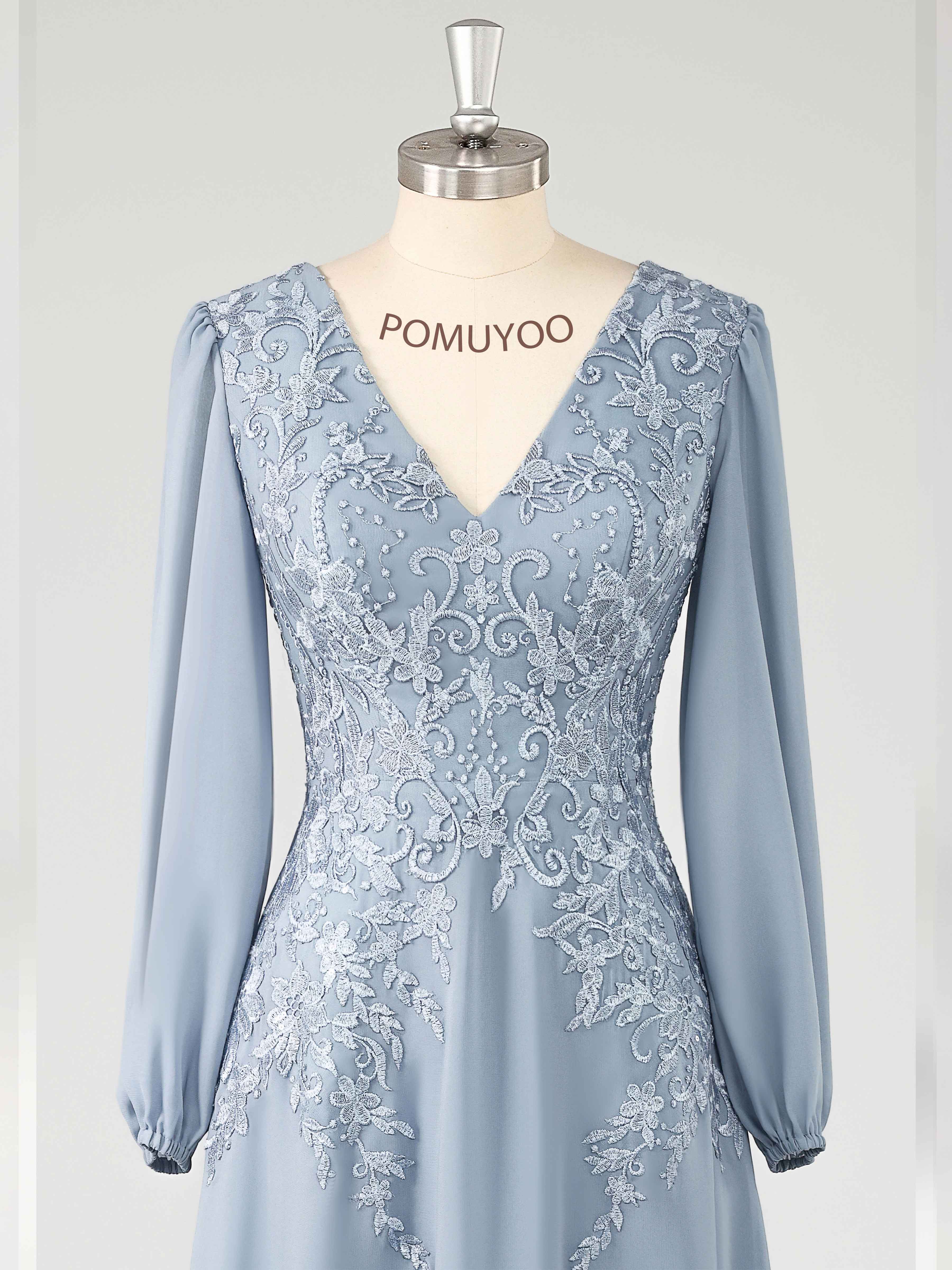 Delicate A-Line Long Sleeves Appliques Floor Length Chiffon Mother of the Bride Dresses UK