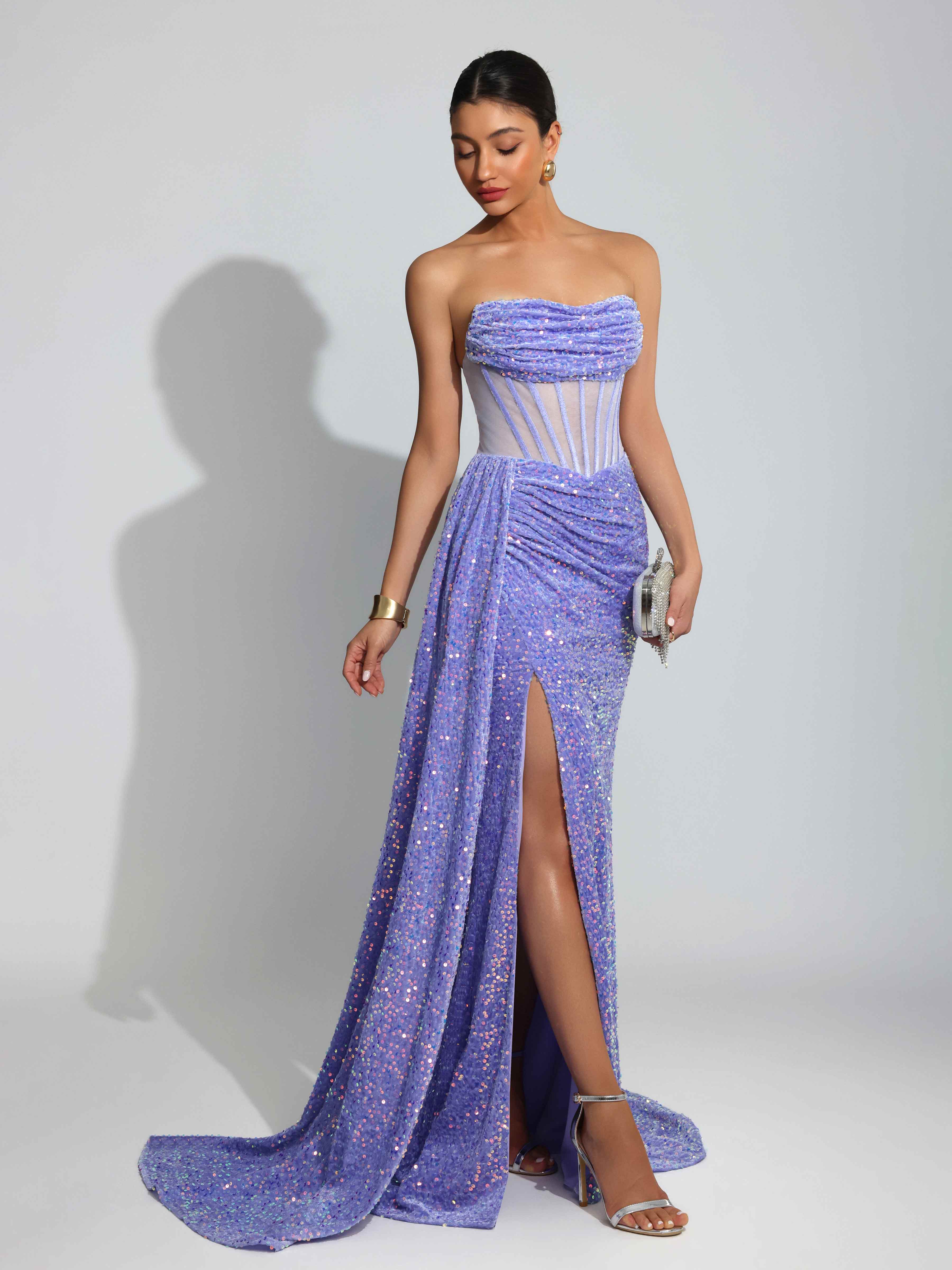 Mraelith Enchanting Strapless Ruched Slit Velvet Sequins Train Prom Dresses