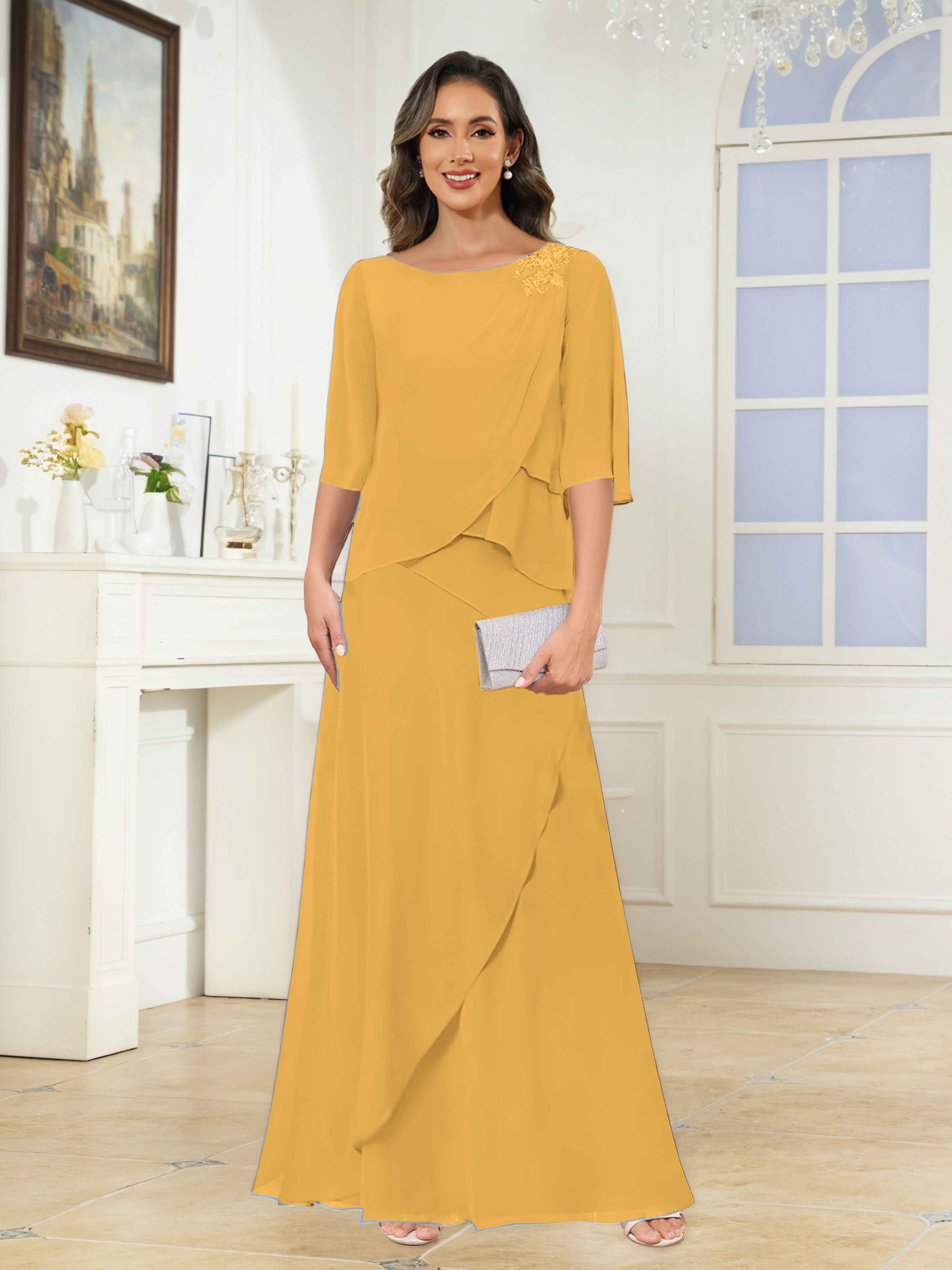 Larkin Trendy A-Line Scoop Tiered Long Chiffon Mother of the Bride Dresses