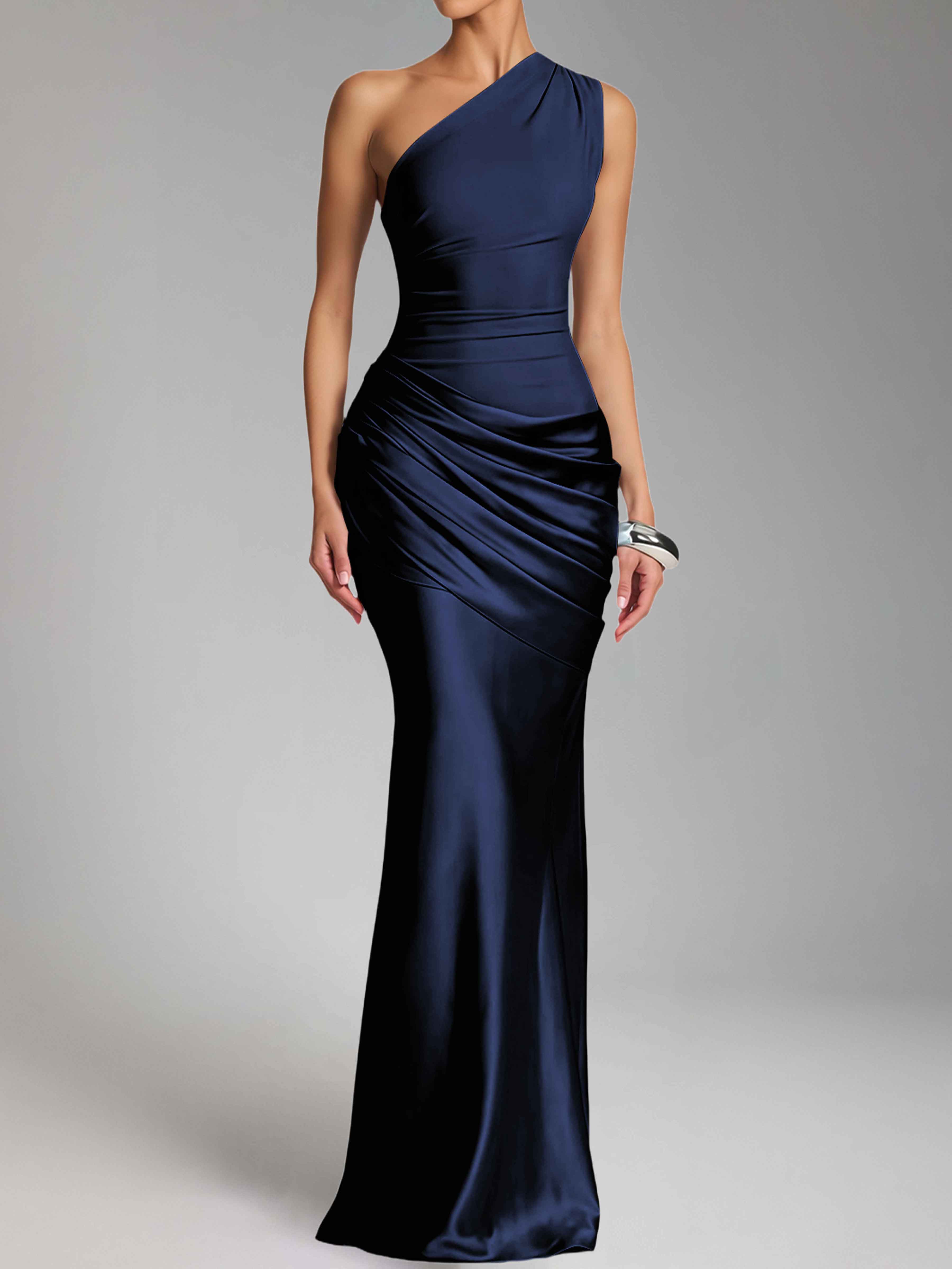Jaelithra Elegant One Shoulder Pleated Satin Long Prom Dresses