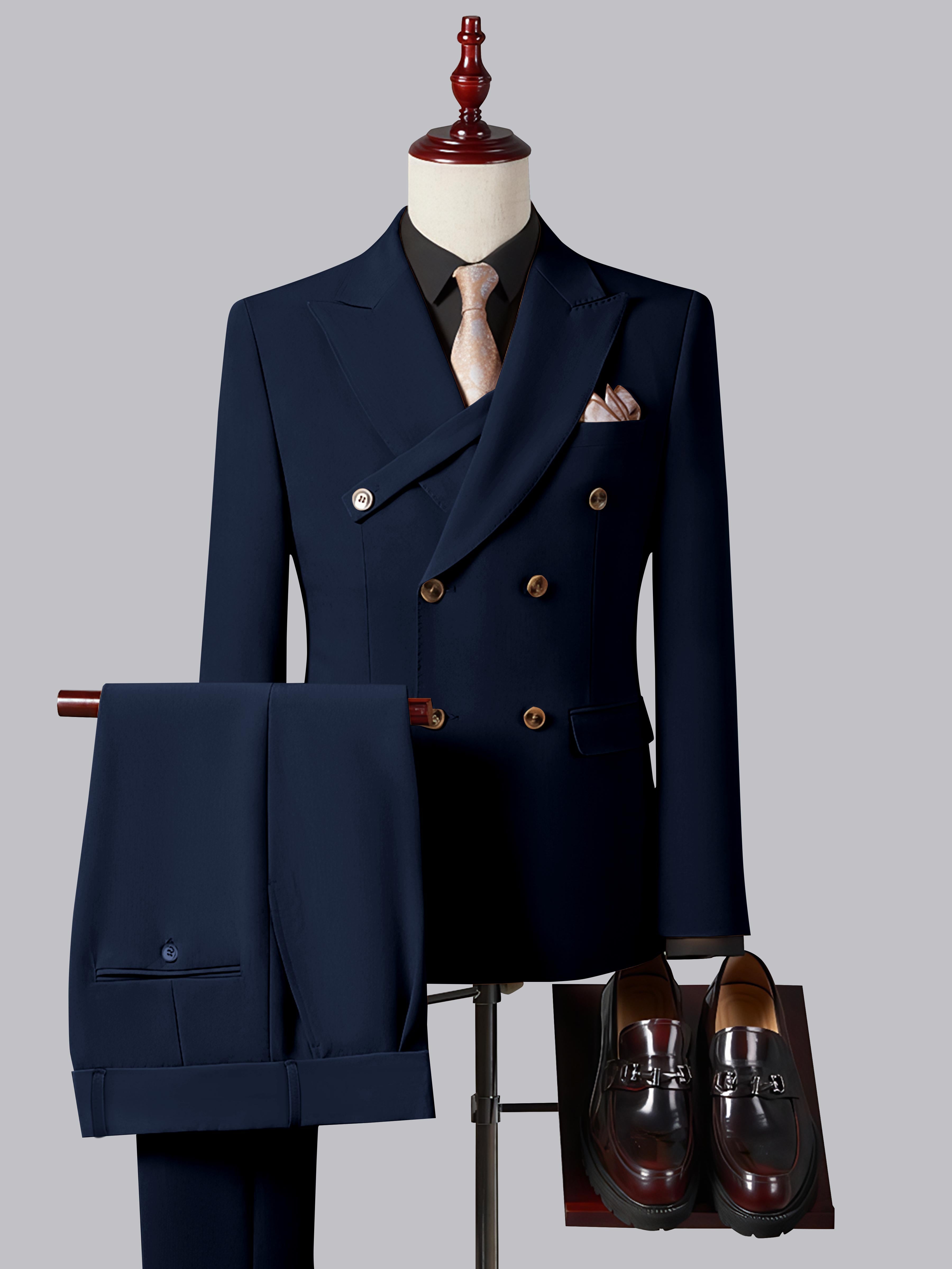 Refined Slim Fit Double Breasted Men's 2 Pieces Peak Lapel Suit with Strap