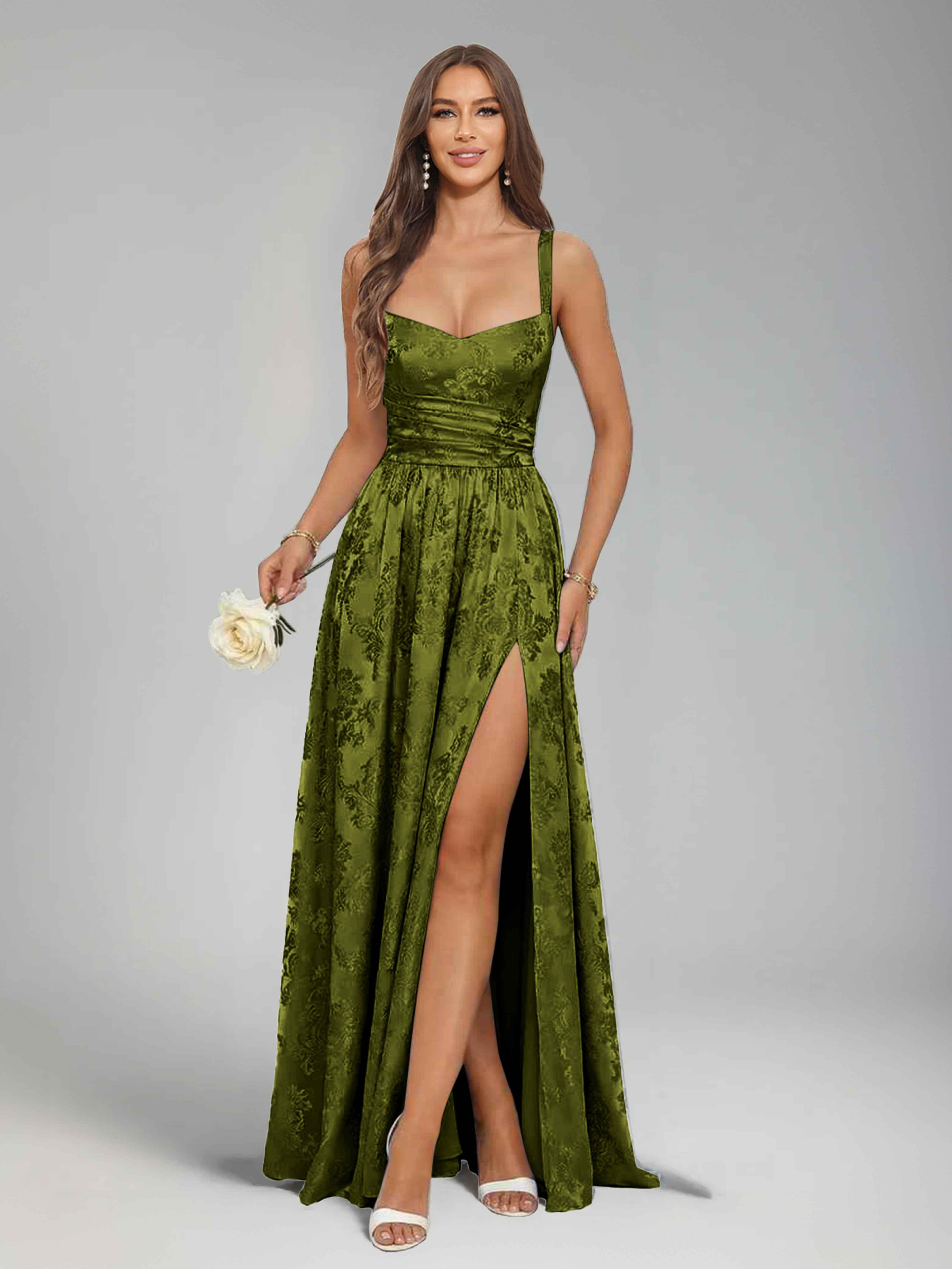 Jaelindra Glamorous A-Line Spaghetti Straps Ruched Slit Long Jacquard Party Dresses