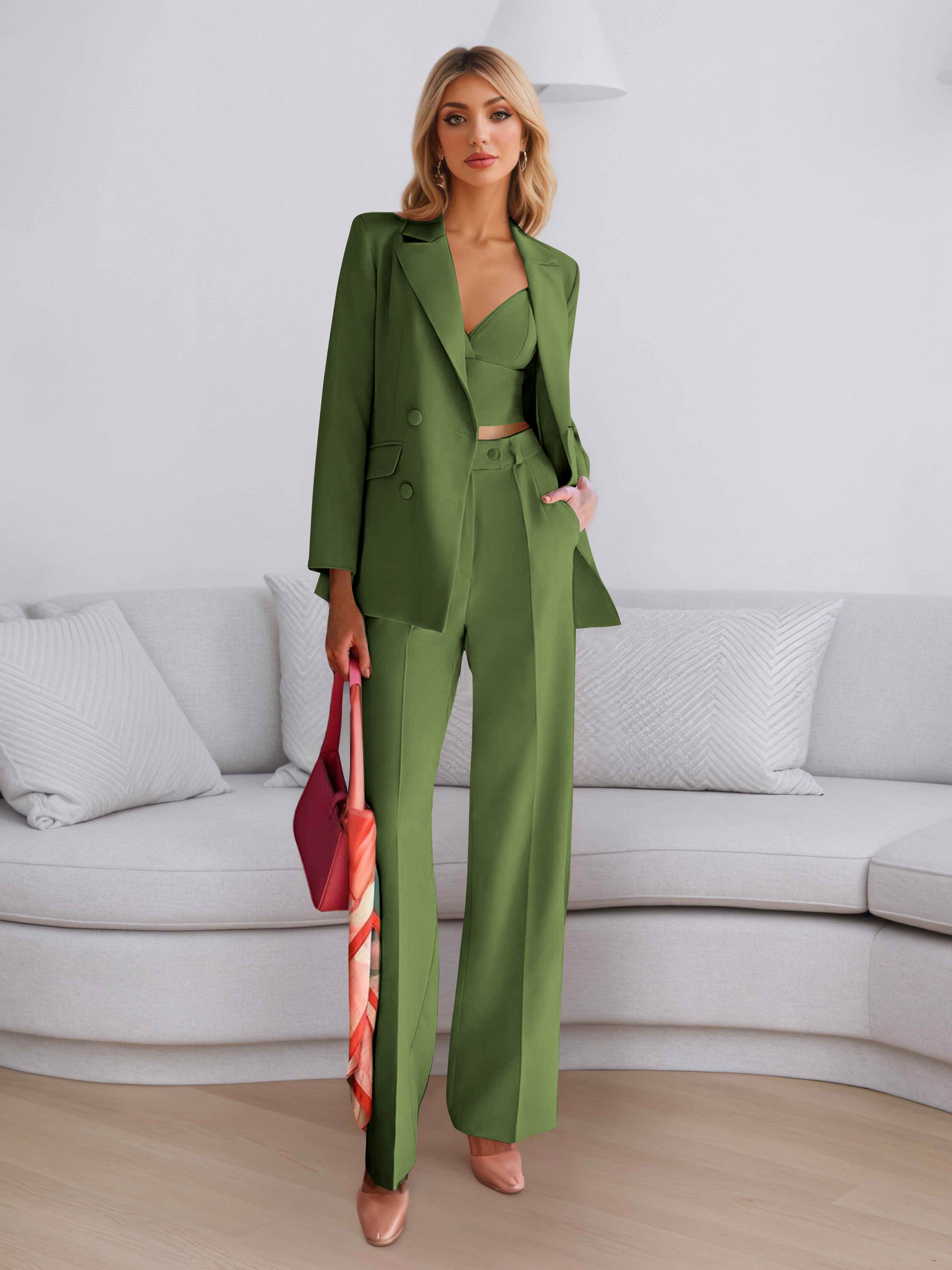 Elegant Women's 3 Pieces Solid Formal Blazer and Pants Suit Set UK