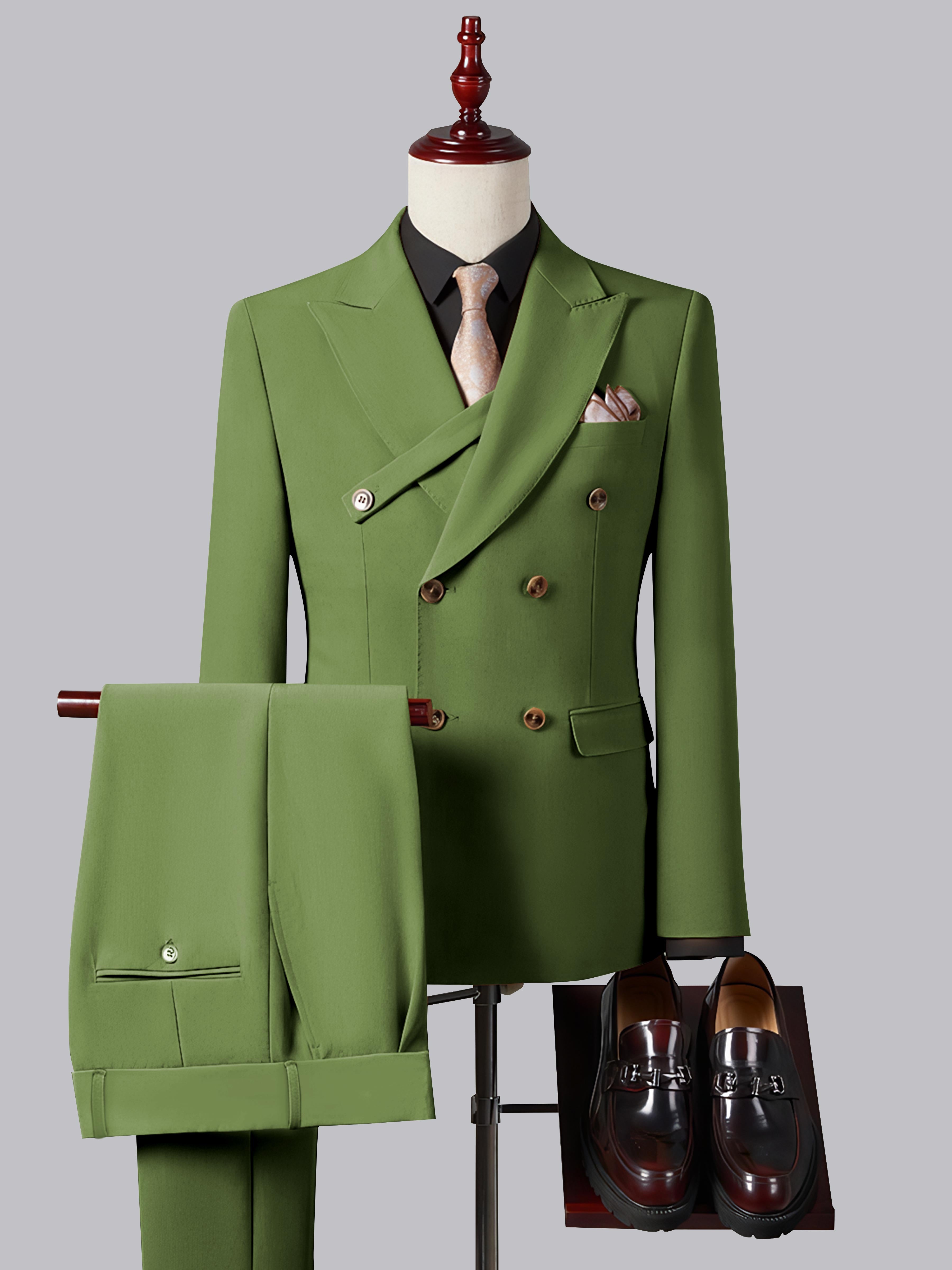 Refined Slim Fit Double Breasted Men's 2 Pieces Peak Lapel Suit with Strap