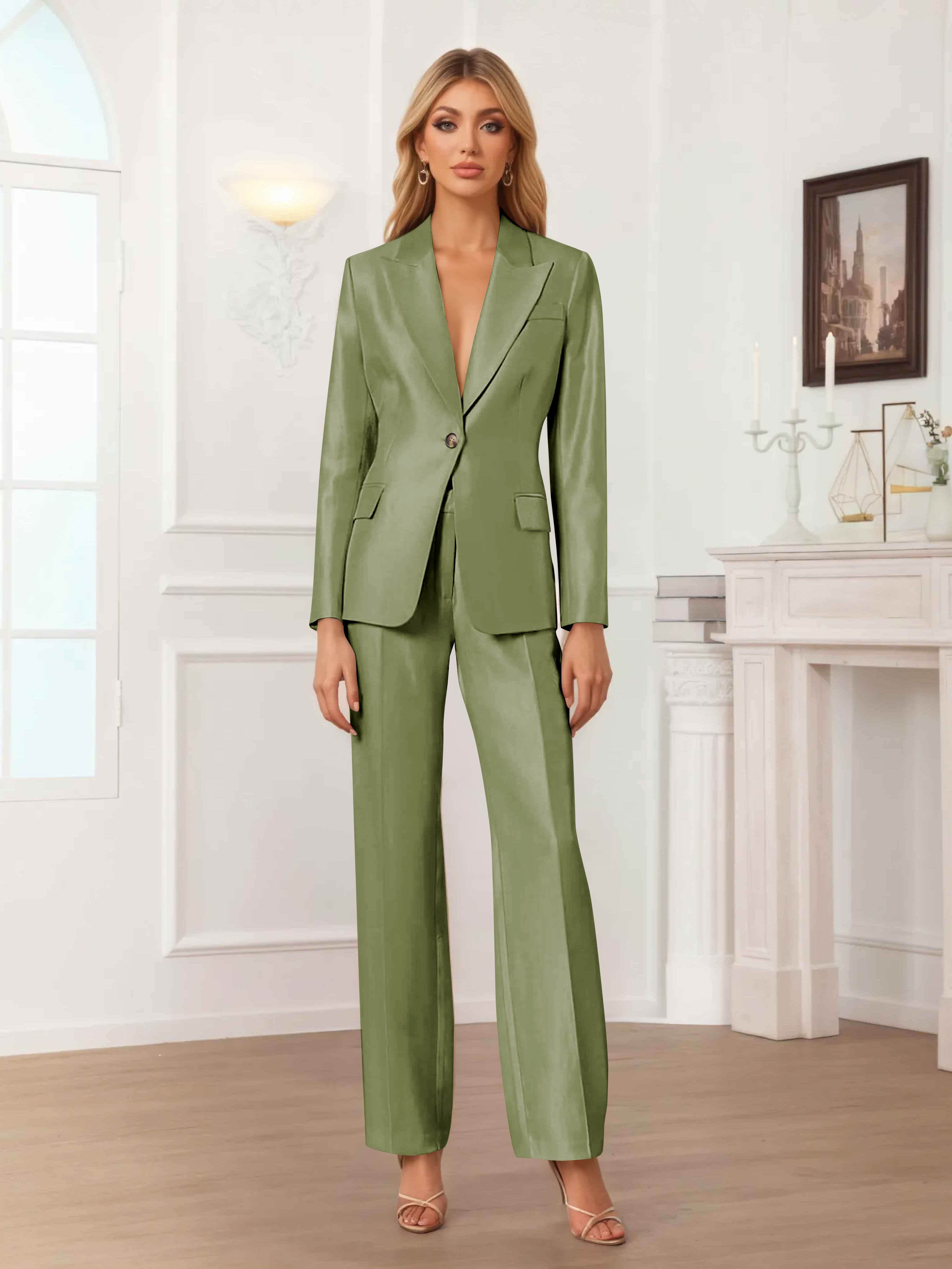 Women's 2 Pieces Peak Lapel One-Button Satin Formal Suit Set UK