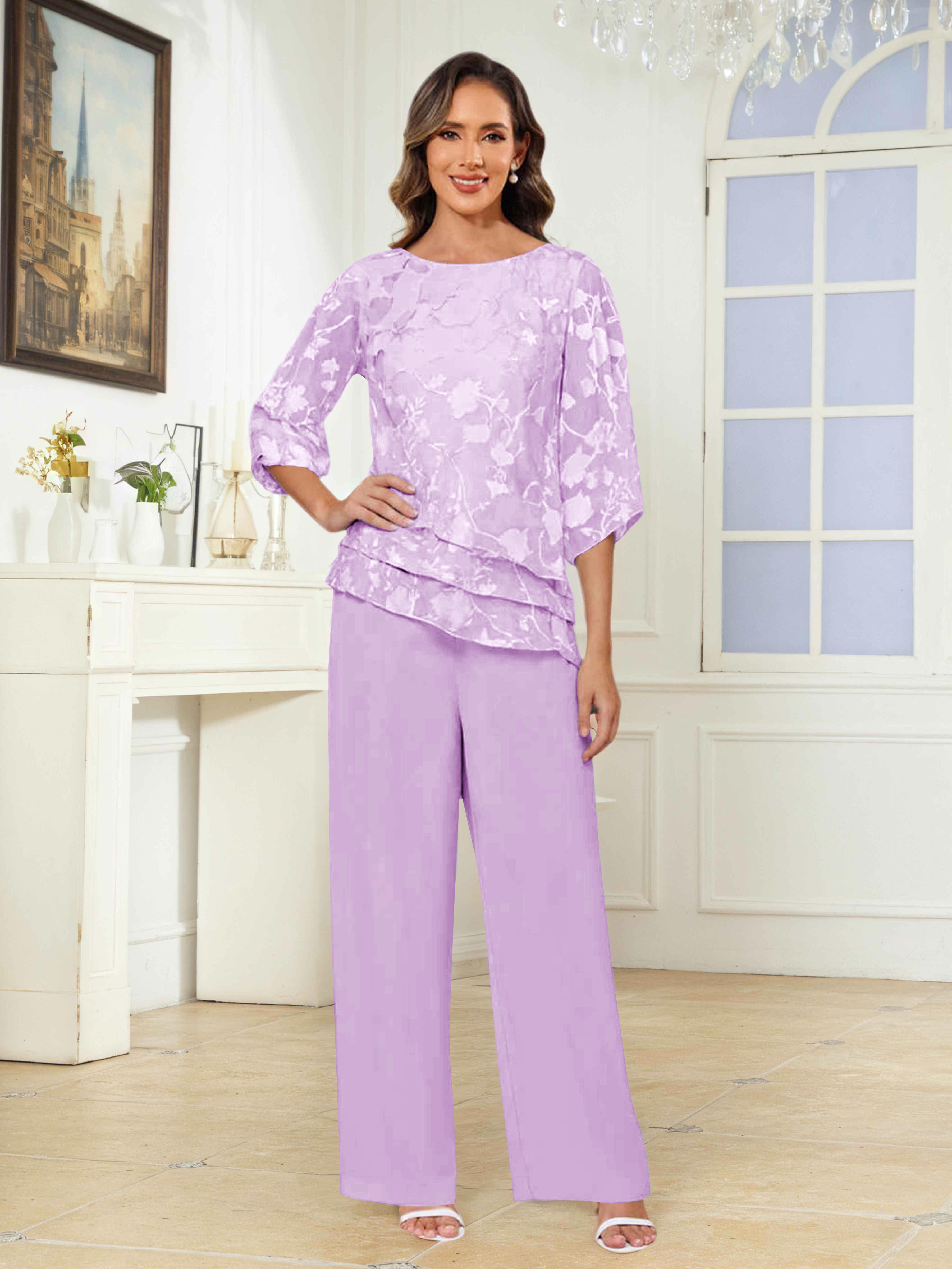 Ondine Elegant Scoop 2 Pieces Floral Lace Mother of the Bride Pantsuit