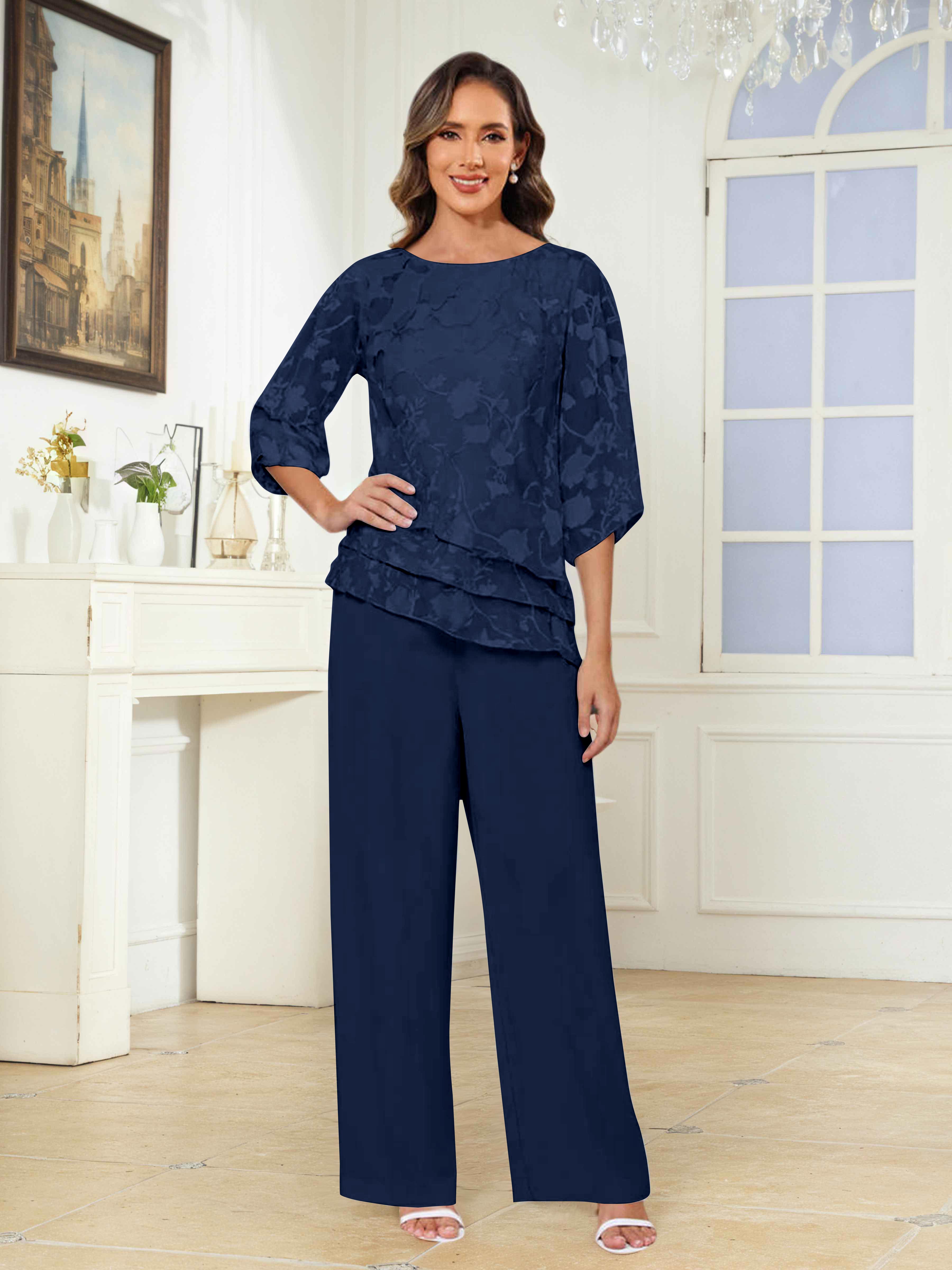 Ondine Elegant Scoop 2 Pieces Floral Lace Mother of the Bride Pantsuit