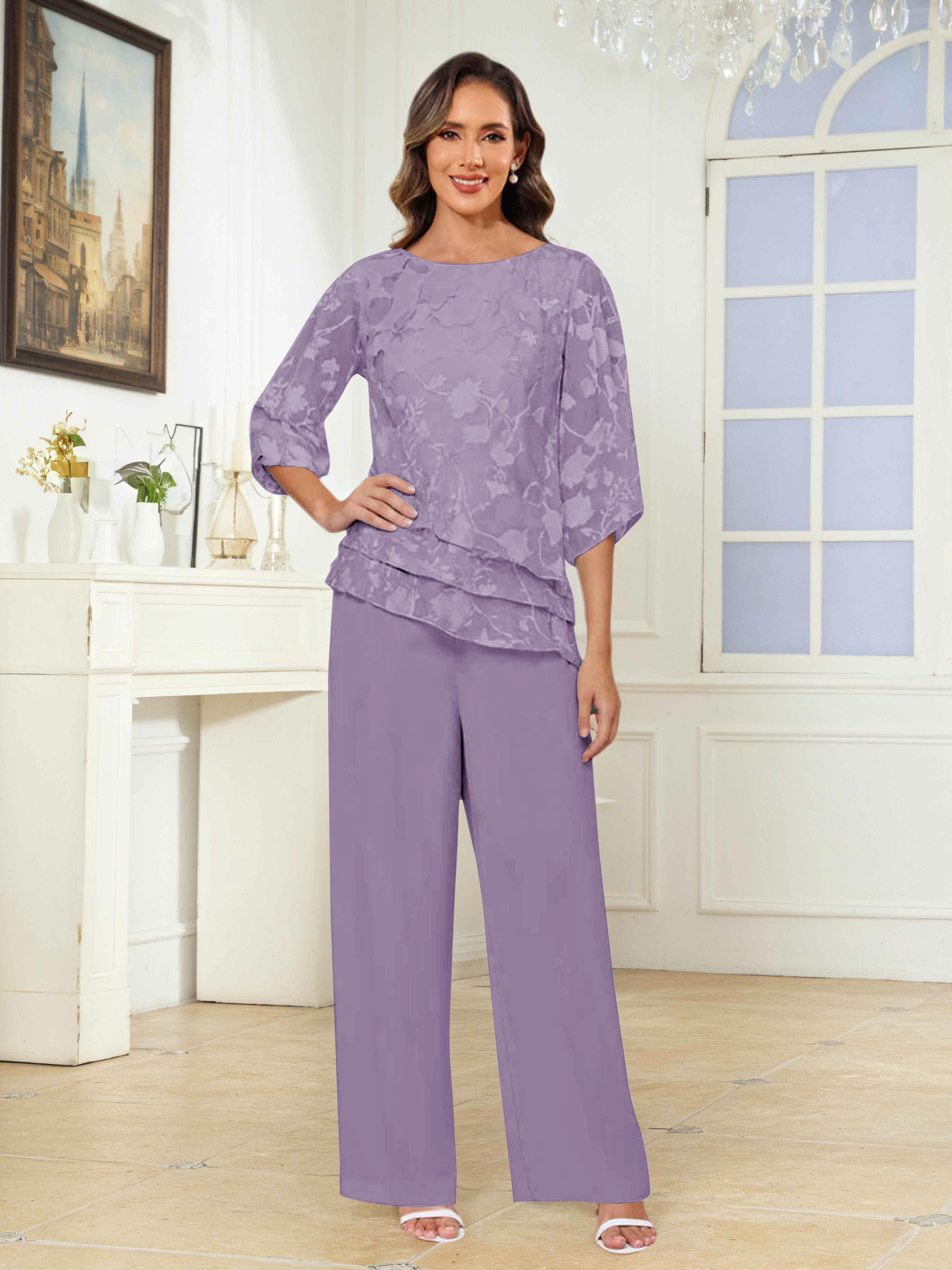 Ondine Elegant Scoop 2 Pieces Floral Lace Mother of the Bride Pantsuit