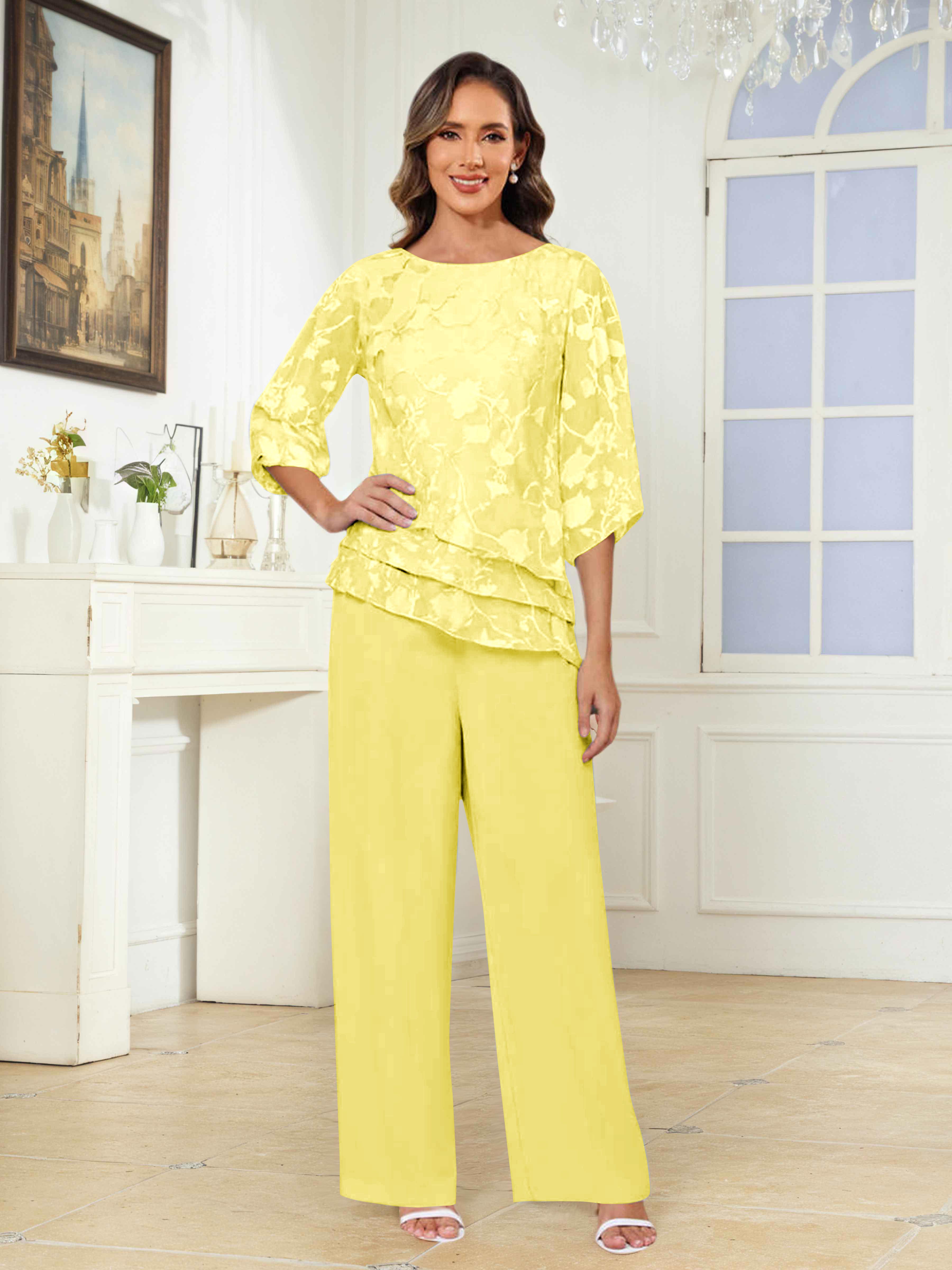 Ondine Elegant Scoop 2 Pieces Floral Lace Mother of the Bride Pantsuit