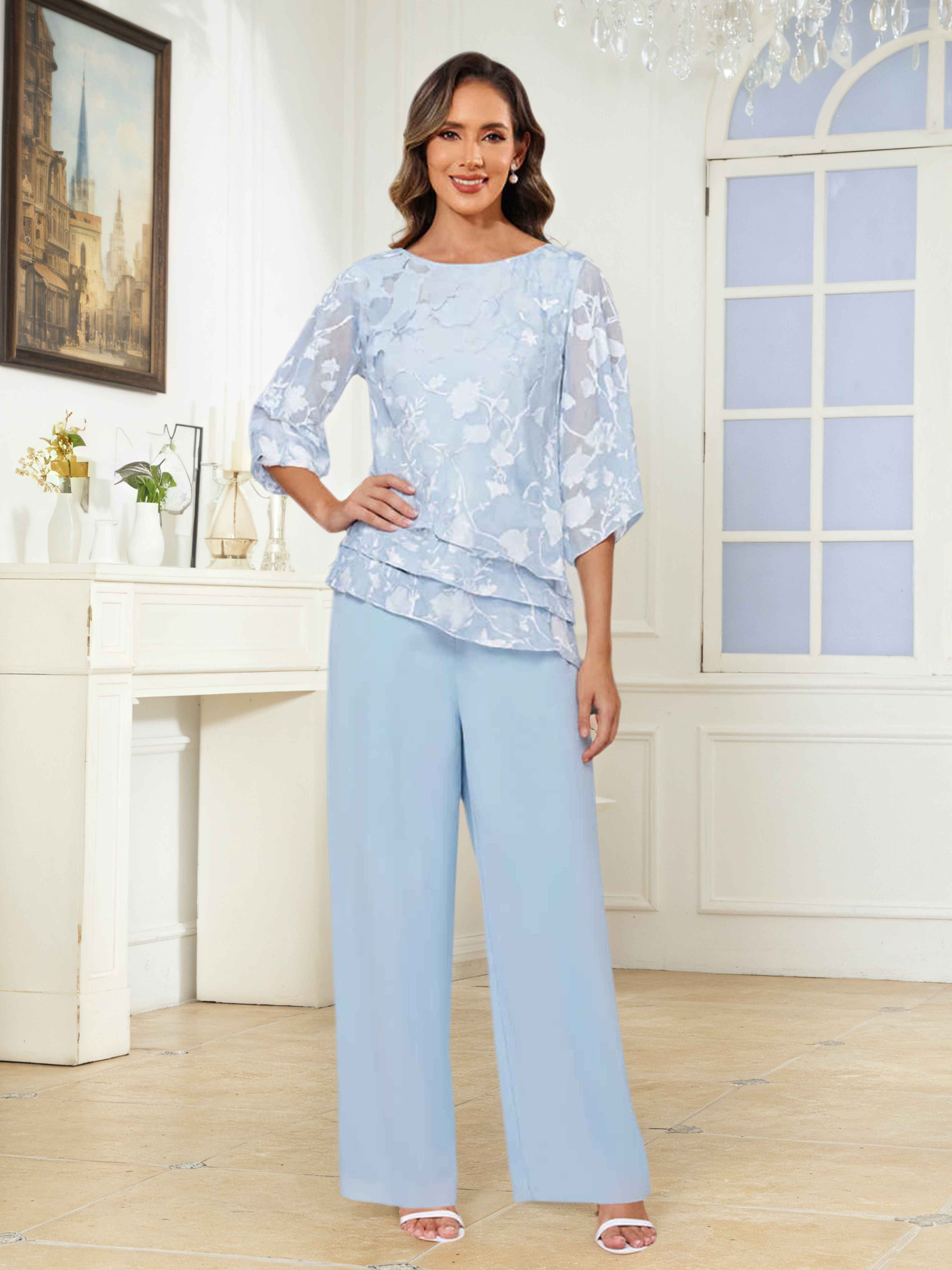 Ondine Elegant Scoop 2 Pieces Floral Lace Mother of the Bride Pantsuit