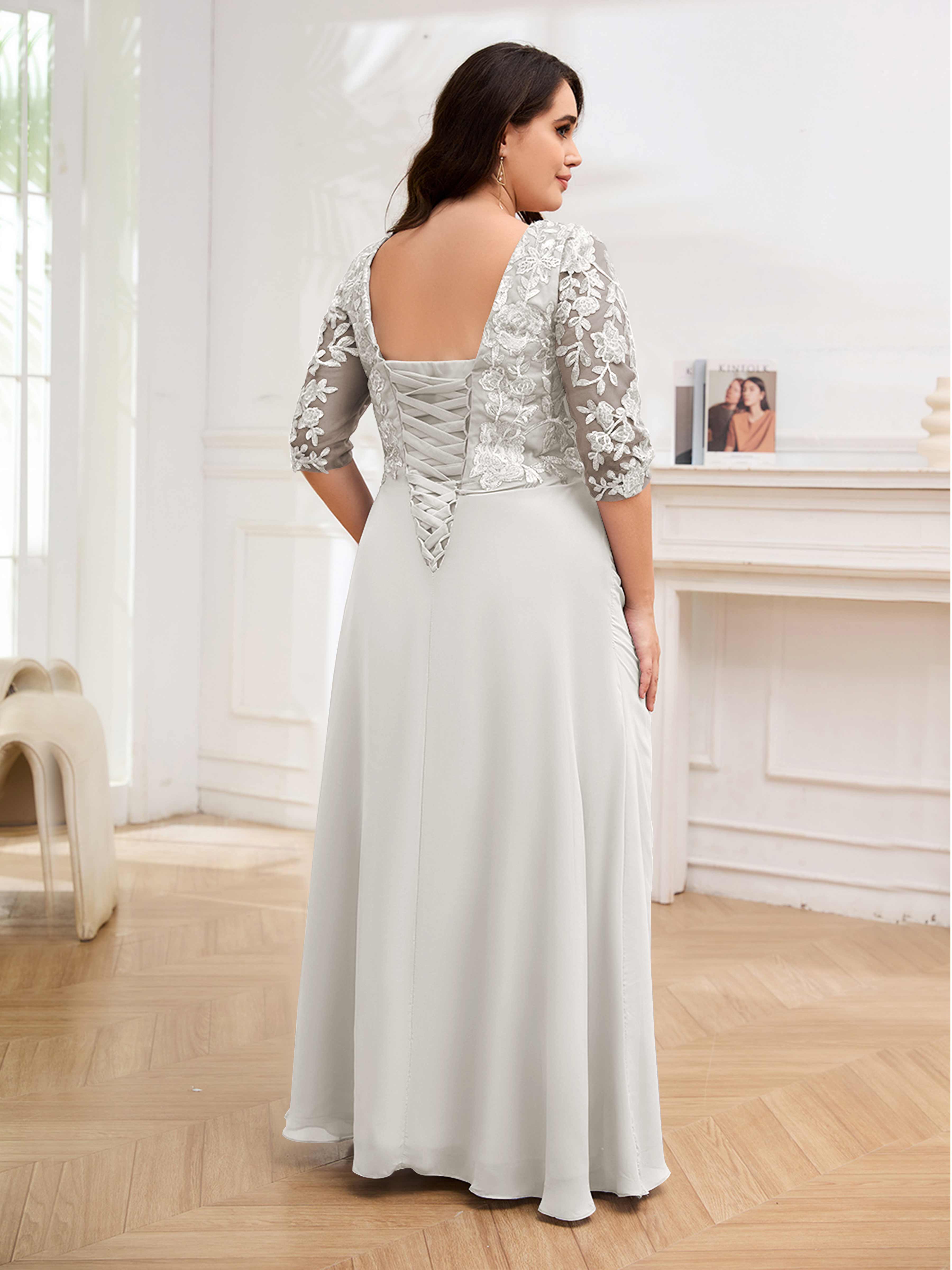 Opal Delicate V Neck Pleated Lace Chiffon Plus Size Mother of the Brid