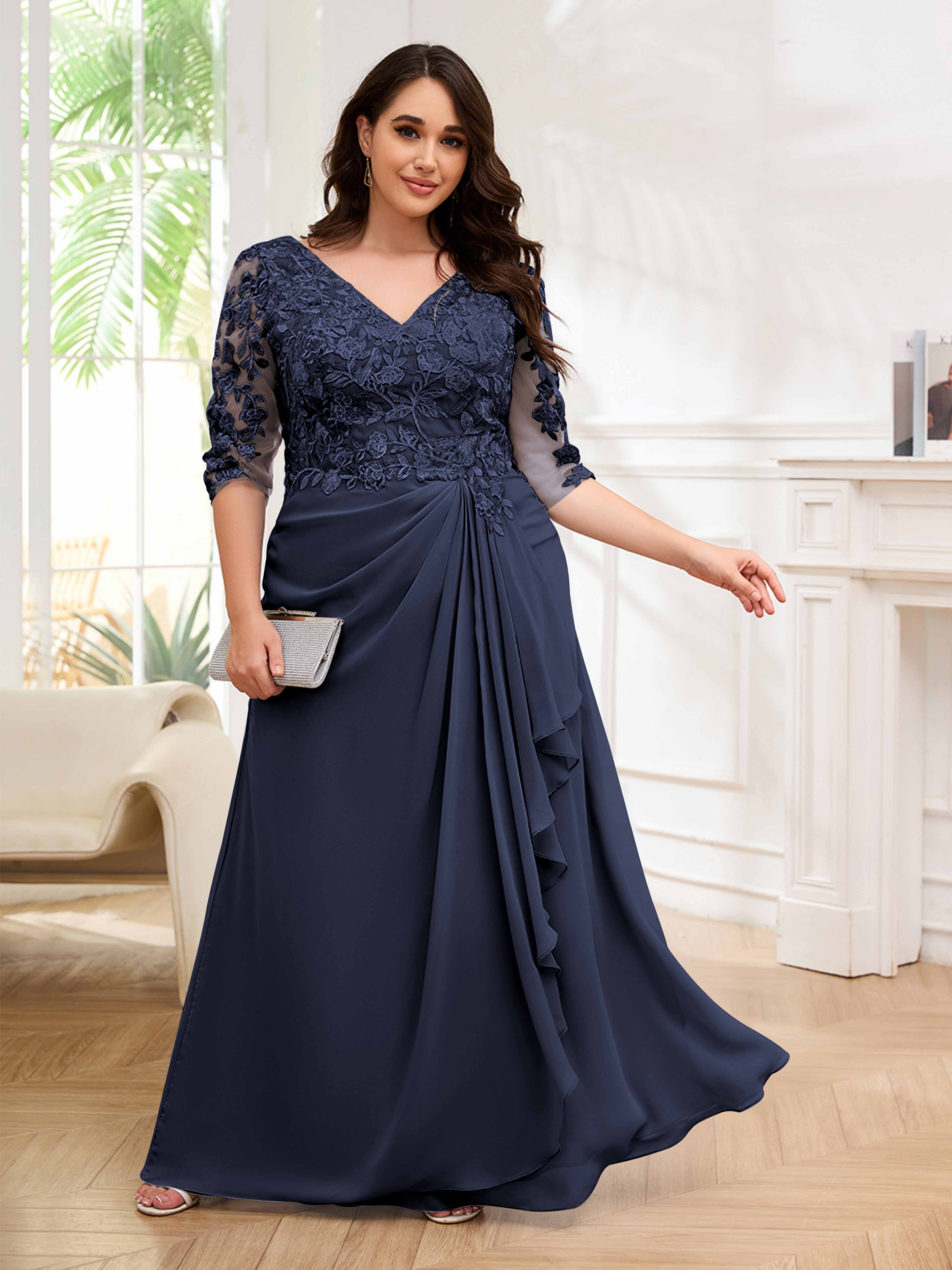 Opal Delicate V Neck Pleated Lace Chiffon Plus Size Mother of the Bride Dresses