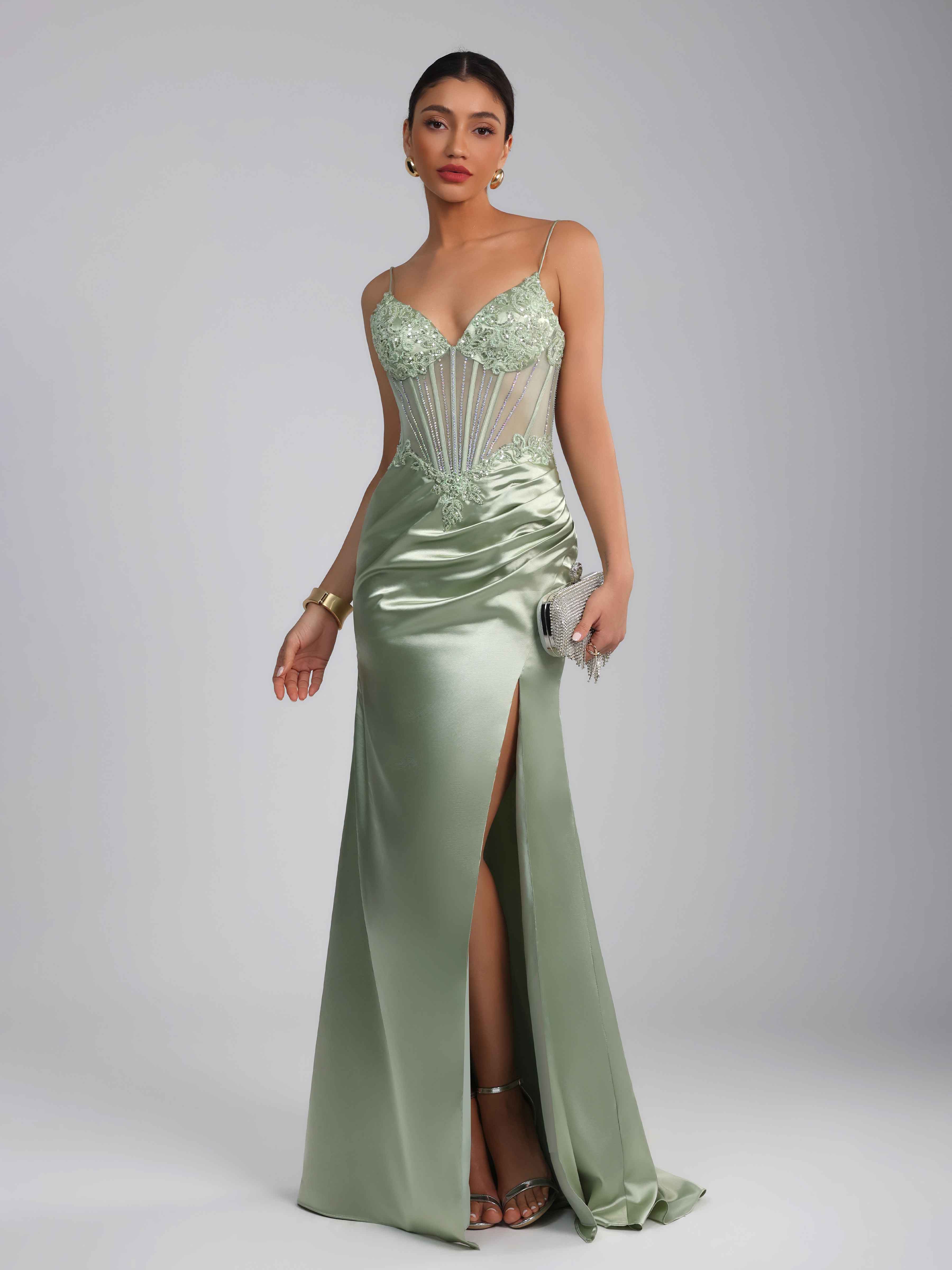 Oraelith Glamorous Mermaid V Neck Beading Slit Long Satin Prom Dresses